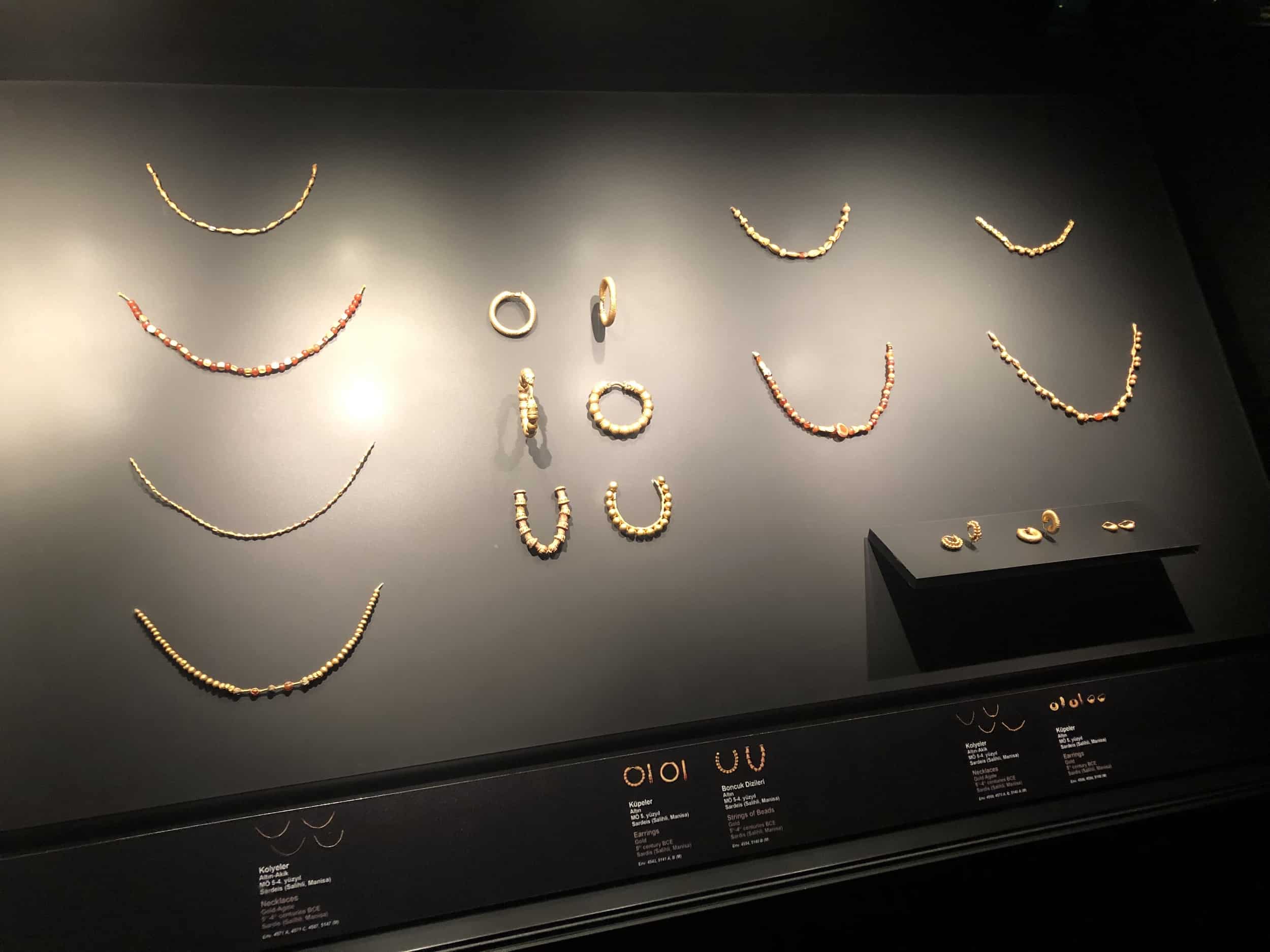 Necklaces, earrings, and strings of beads; gold; 5th-4th century BC; Sardis