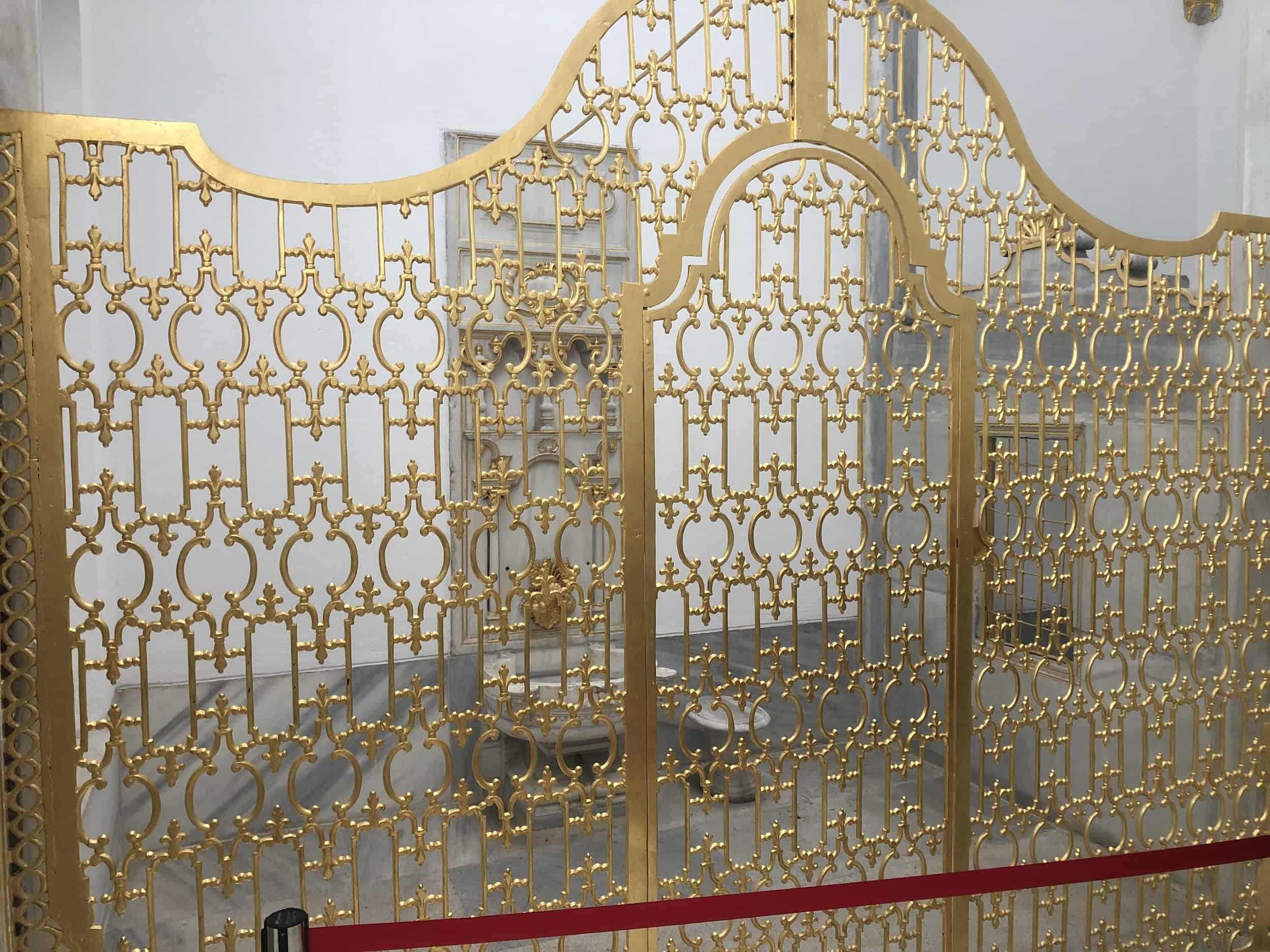 Golden latticework screen in the Baths of the Sultan and Queen Mother in the Imperial Harem at Topkapi Palace in Istanbul, Turkey