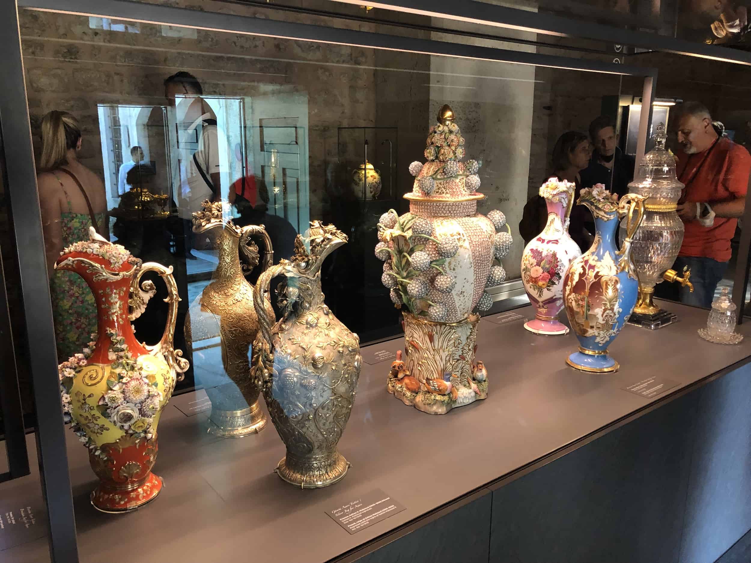 Porcelain, silver, and glass jugs in the Sherbet Room at the Palace Kitchens at Topkapi Palace in Istanbul, Turkey