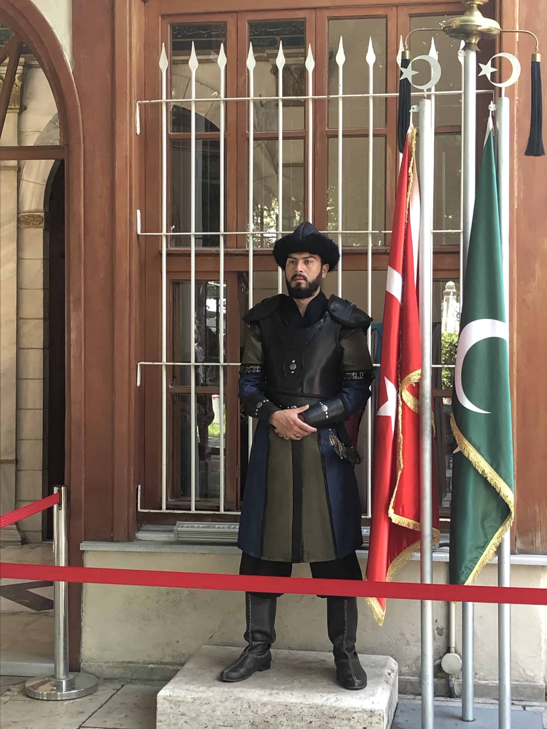 Guard outside the tomb of Osman I at Tophane Park, Bursa, Turkey