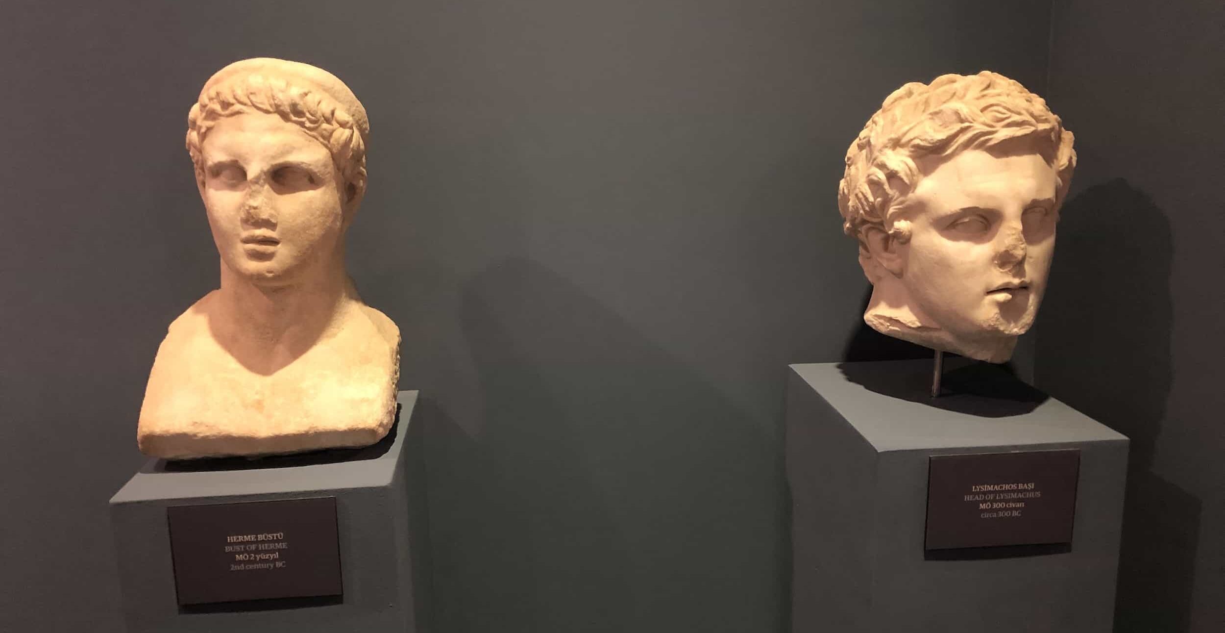 Busts of Hermes (2nd century BC, left) and Lysimachus (c. 300 BC, right)