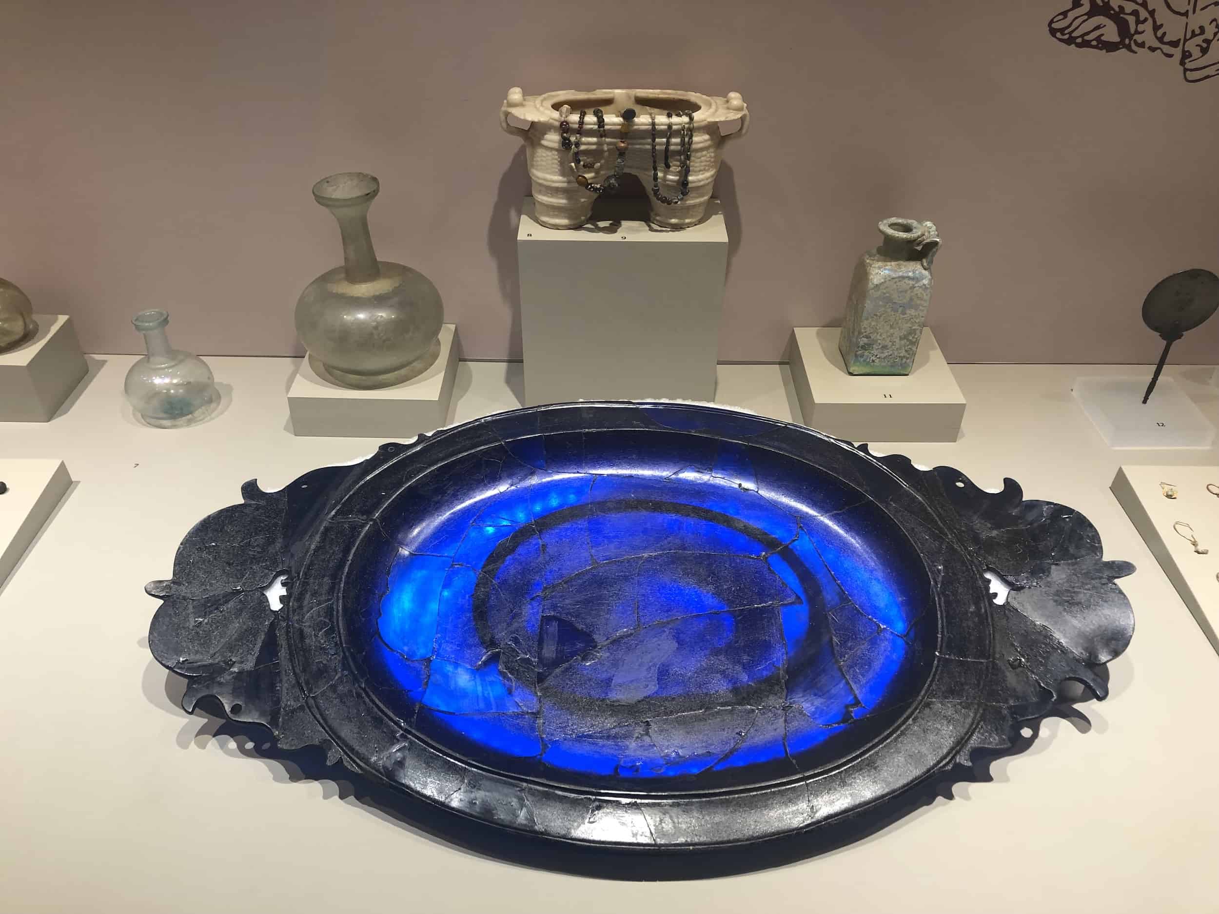 Glass tray in the Hall of the Terrace Houses Findings at the Ephesus Museum in Selçuk, Turkey