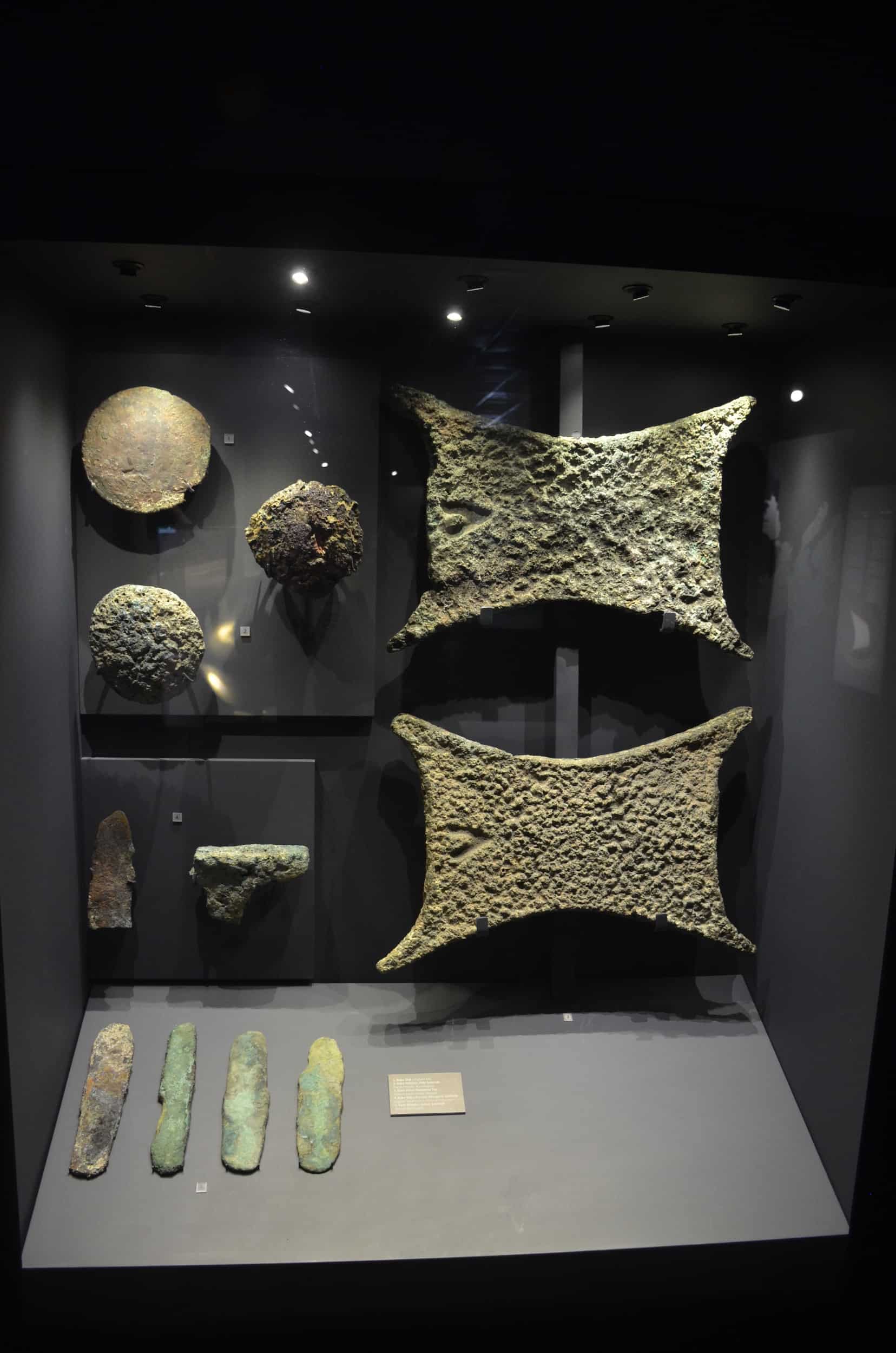 Copper artifacts in the Late Bronze Age Shipwrecks Exhibition at Bodrum Castle in Turkey