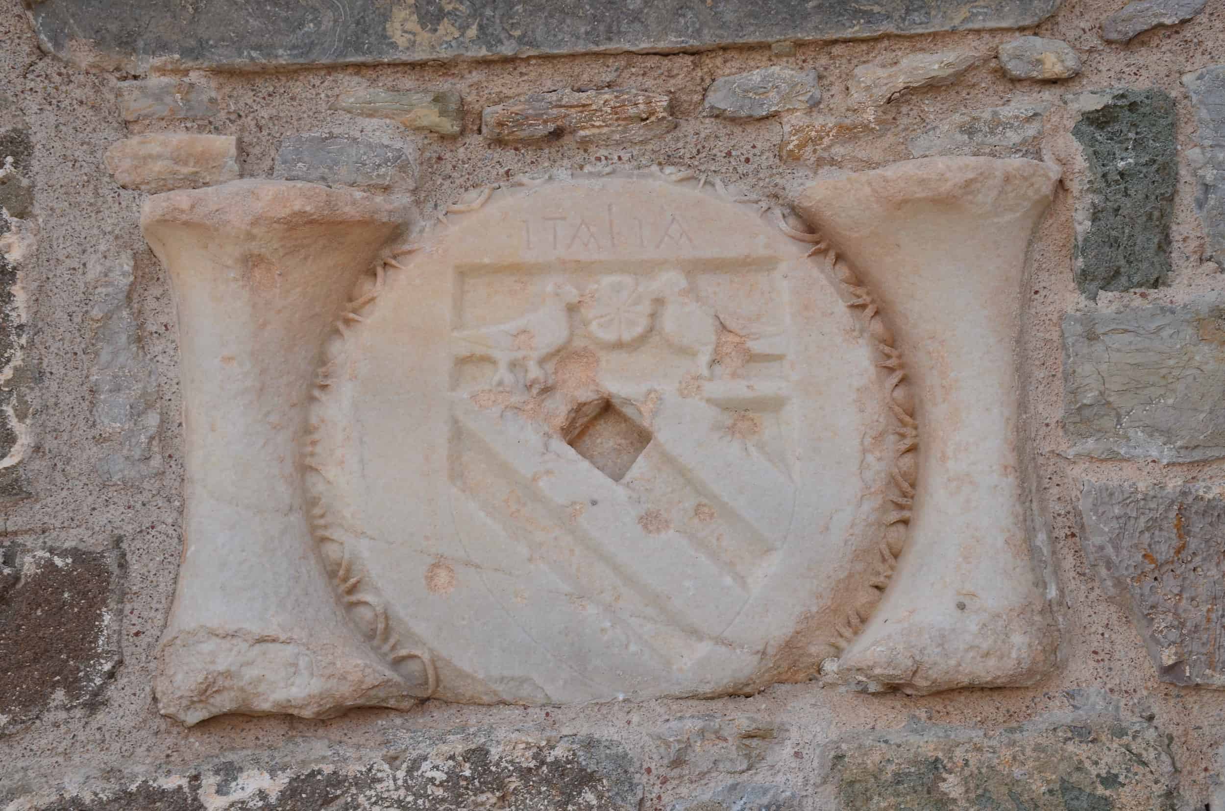 Coat of arms of Angelo Mascettola with "Italia" inscribed above on the east façade of the Italian Tower at Bodrum Castle in Turkey