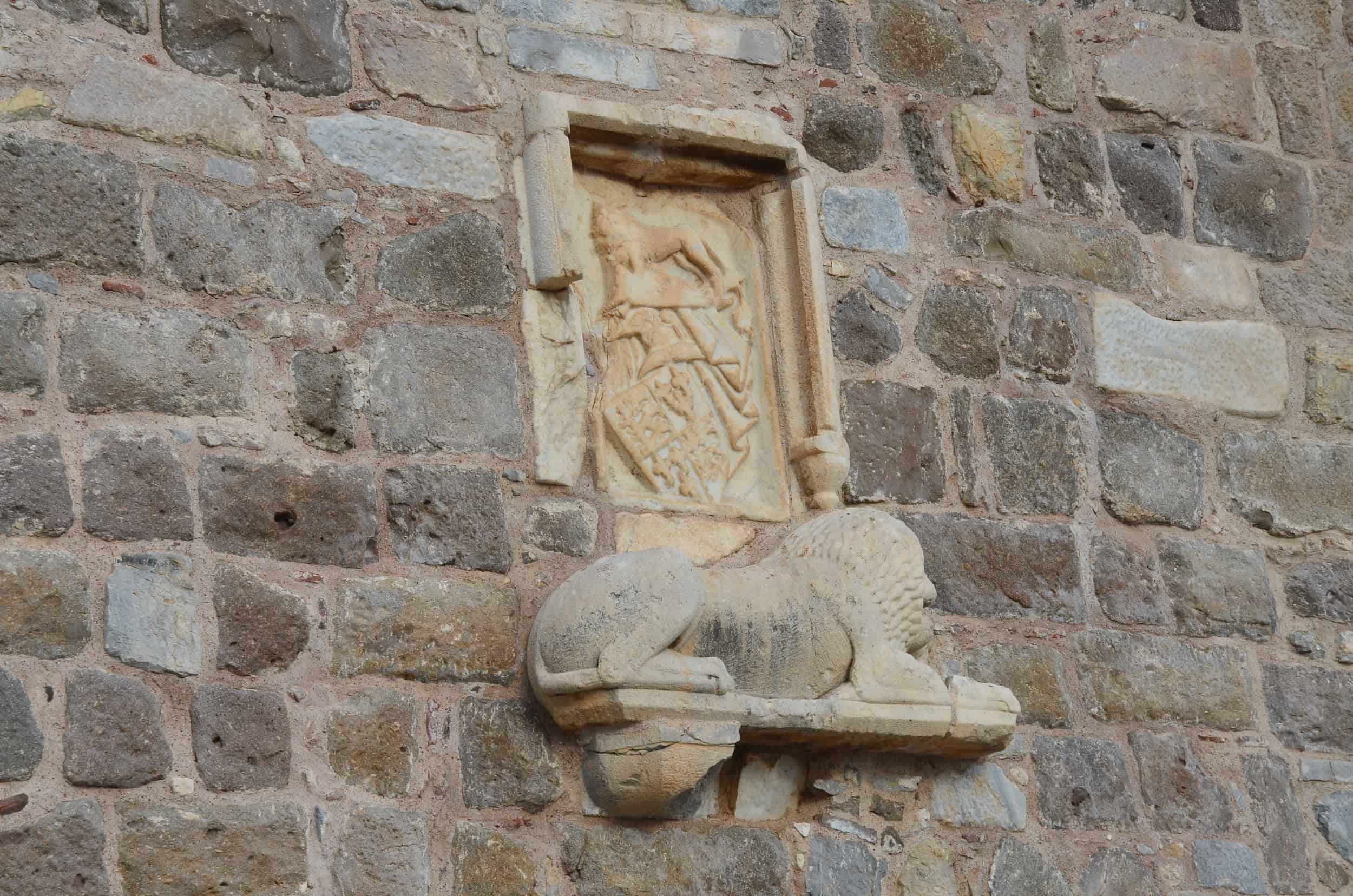 Coat of arms of Henry IV above the carving of a lion on the English Tower at Bodrum Castle in Turkey