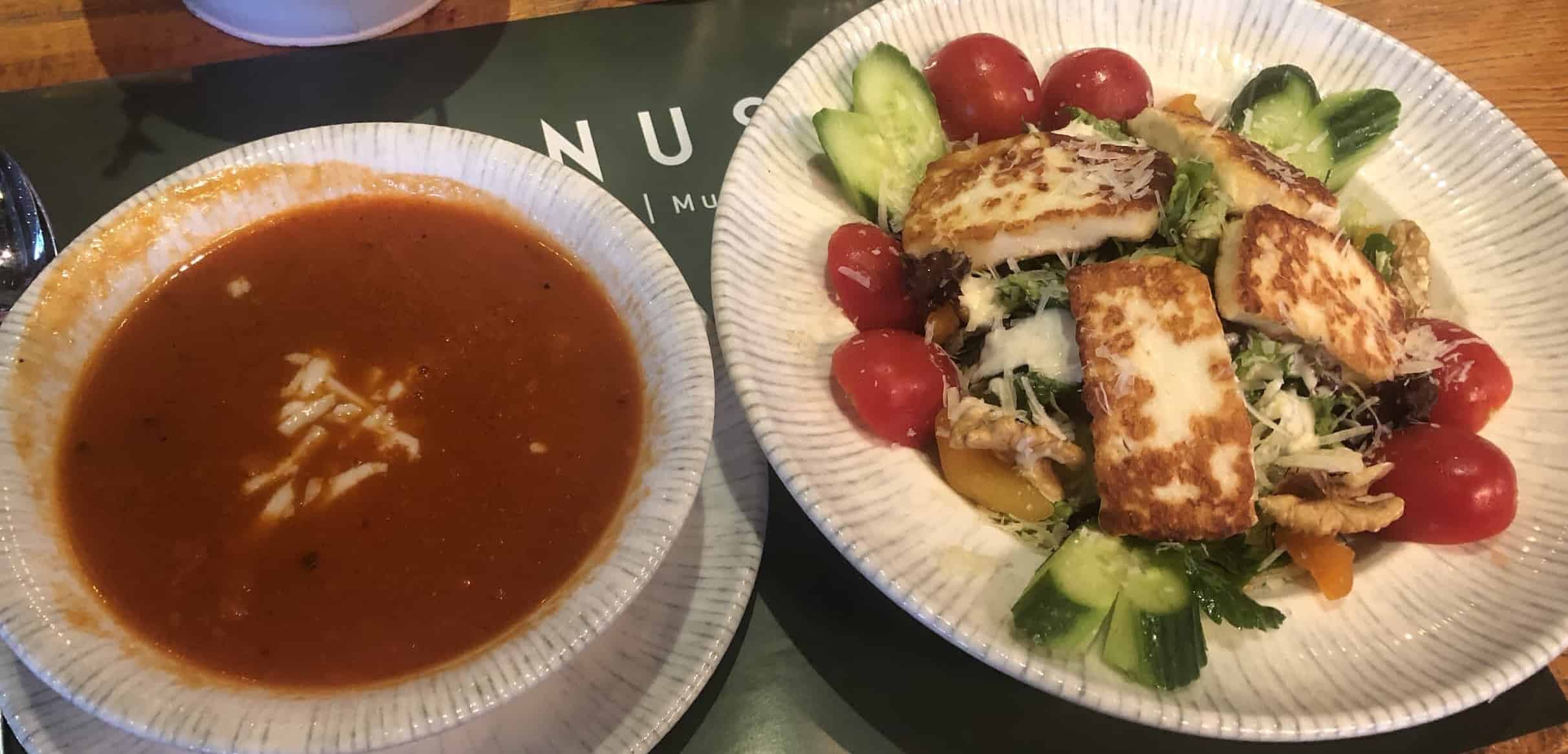 Tomato soup and halloumi salad at Yunus