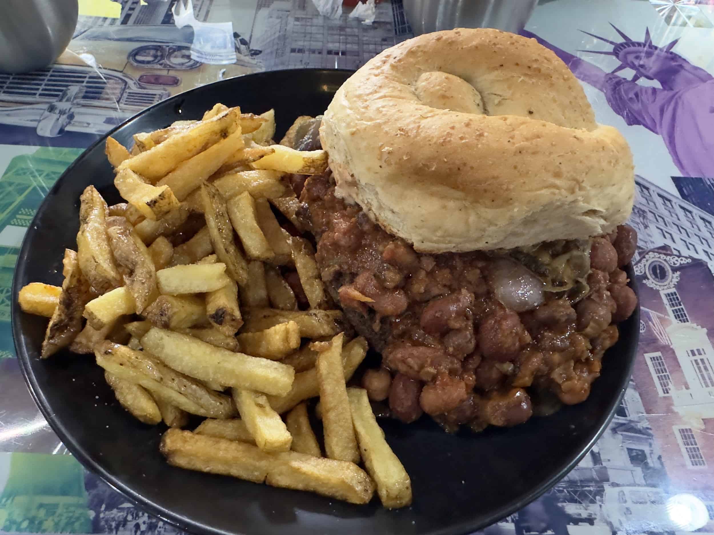 Mountain high chili burger (sautéed onions, mushrooms, melted cheddar and mozzarella, and chili con carne) at Brunch de Salento in Salento, Quindío, Colombia