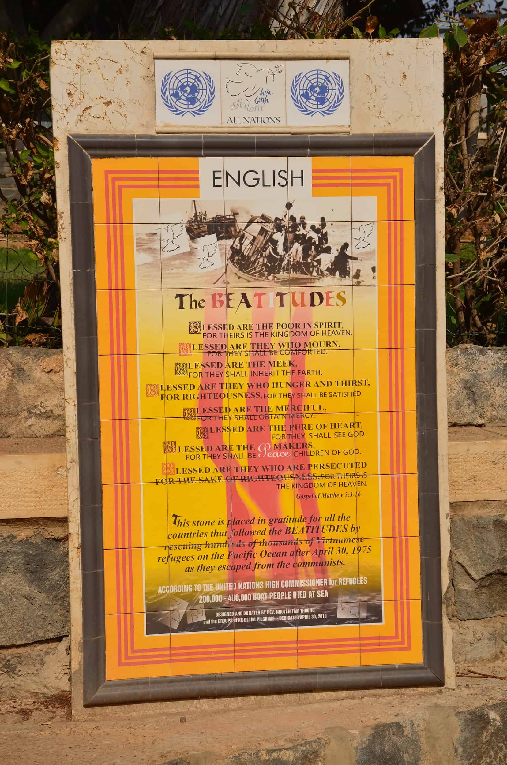 Beatitudes written in English on the Mount of Beatitudes in Israel