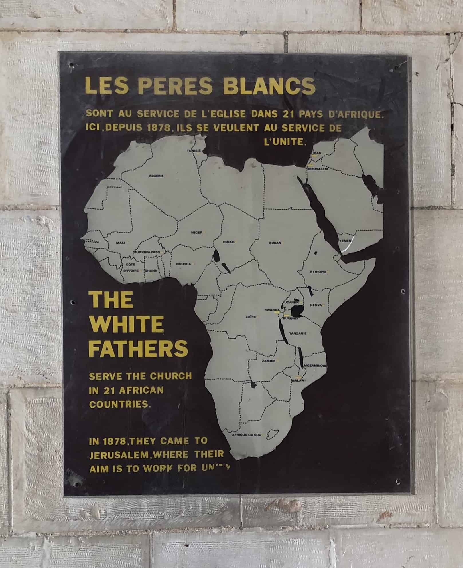 White Fathers sign at the Church of Saint Anne in the Muslim Quarter of Jerusalem