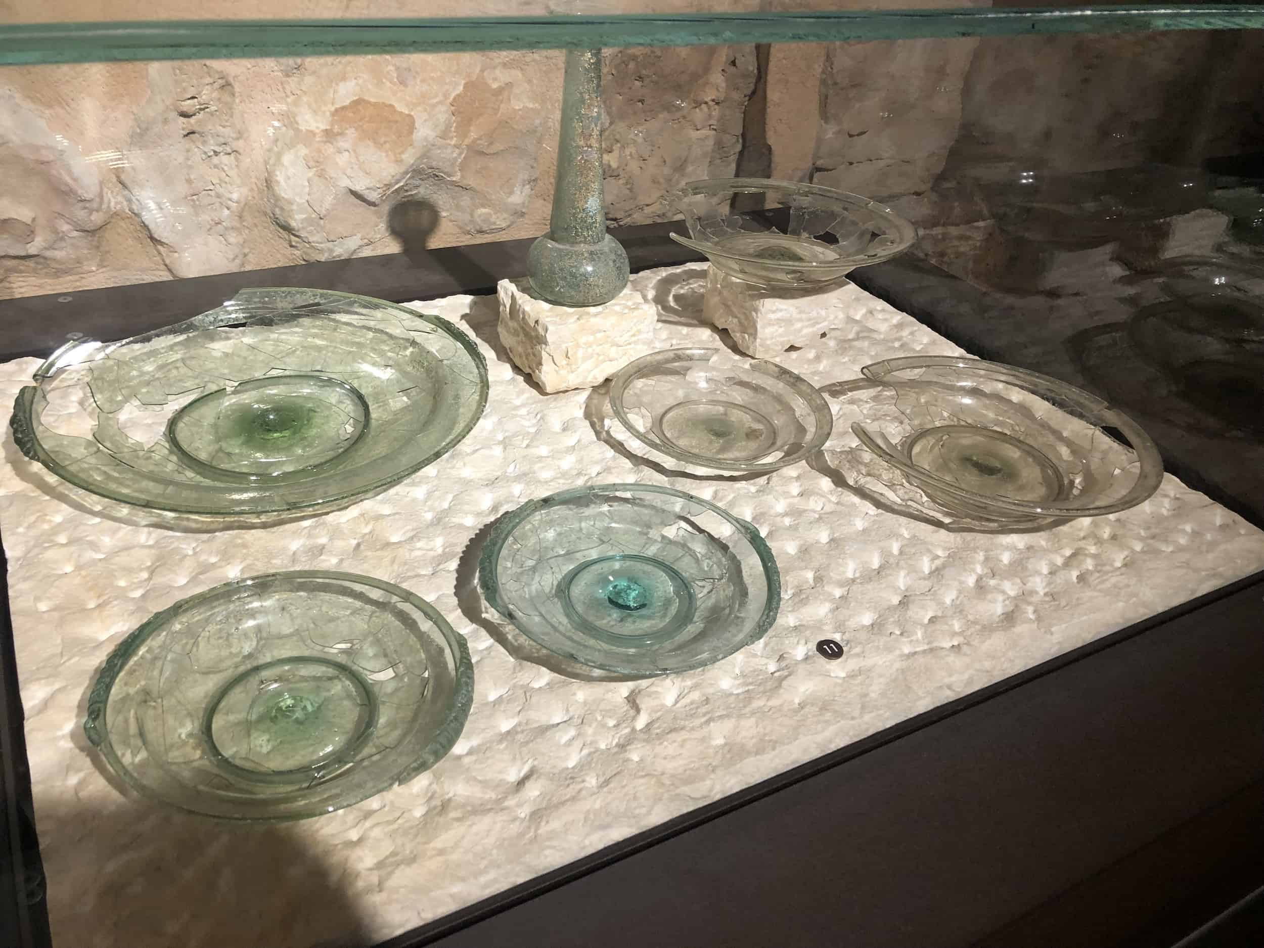 Glassware from Capernaum at the Terra Sancta Museum in the Muslim Quarter of the Old City of Jerusalem