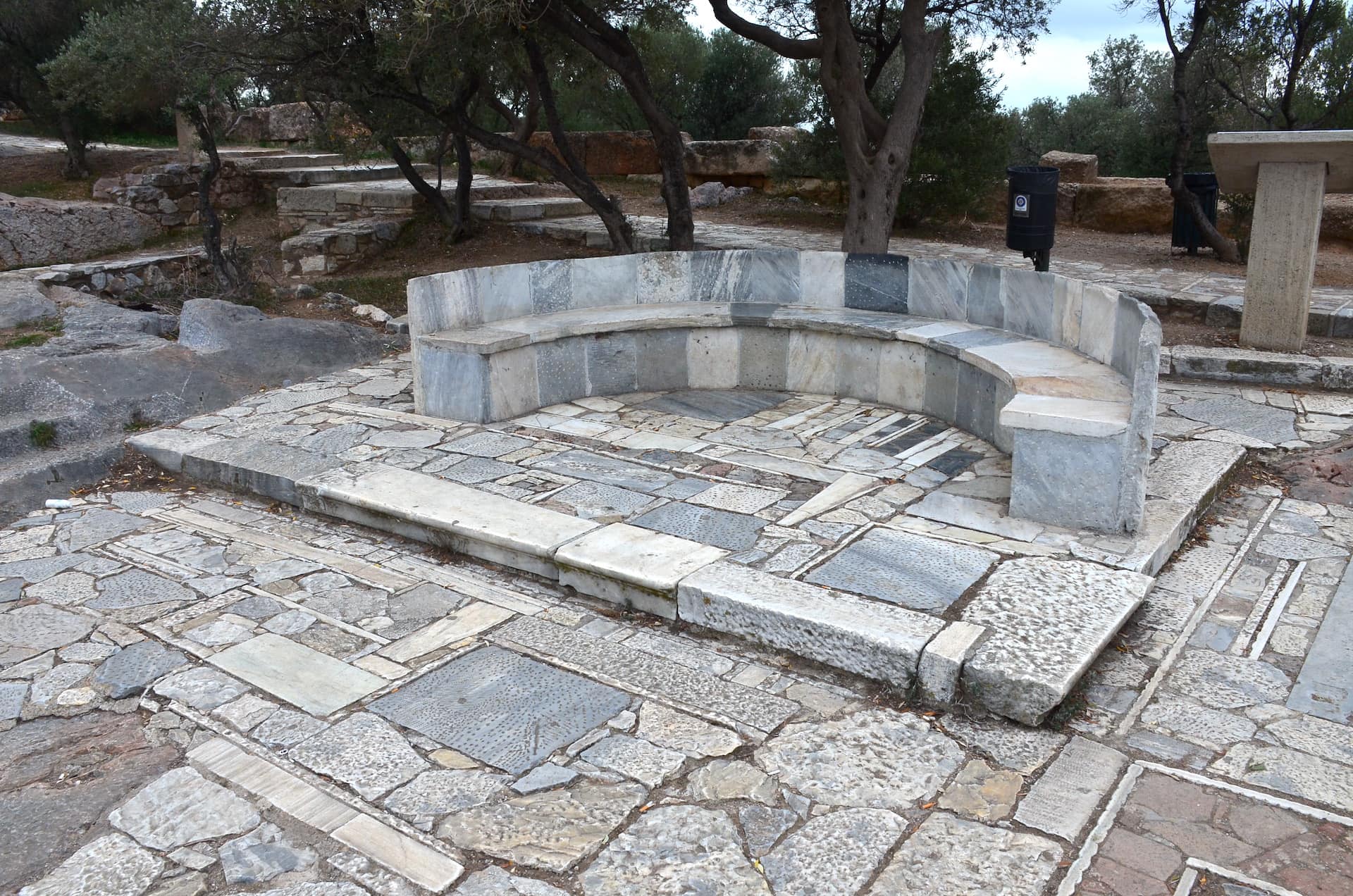 Bench at the Anderon on the Hill of the Muses (Philopappos Hill) in the Western Hills of Athens, Greece