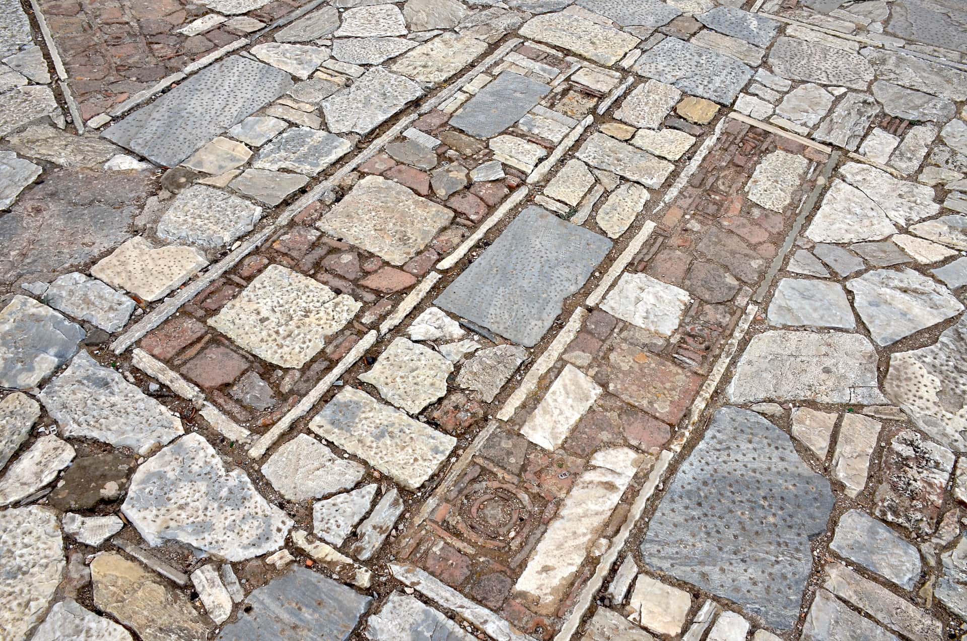 Paving stones of the Anderon on the Hill of the Muses (Philopappos Hill) in the Western Hills of Athens, Greece