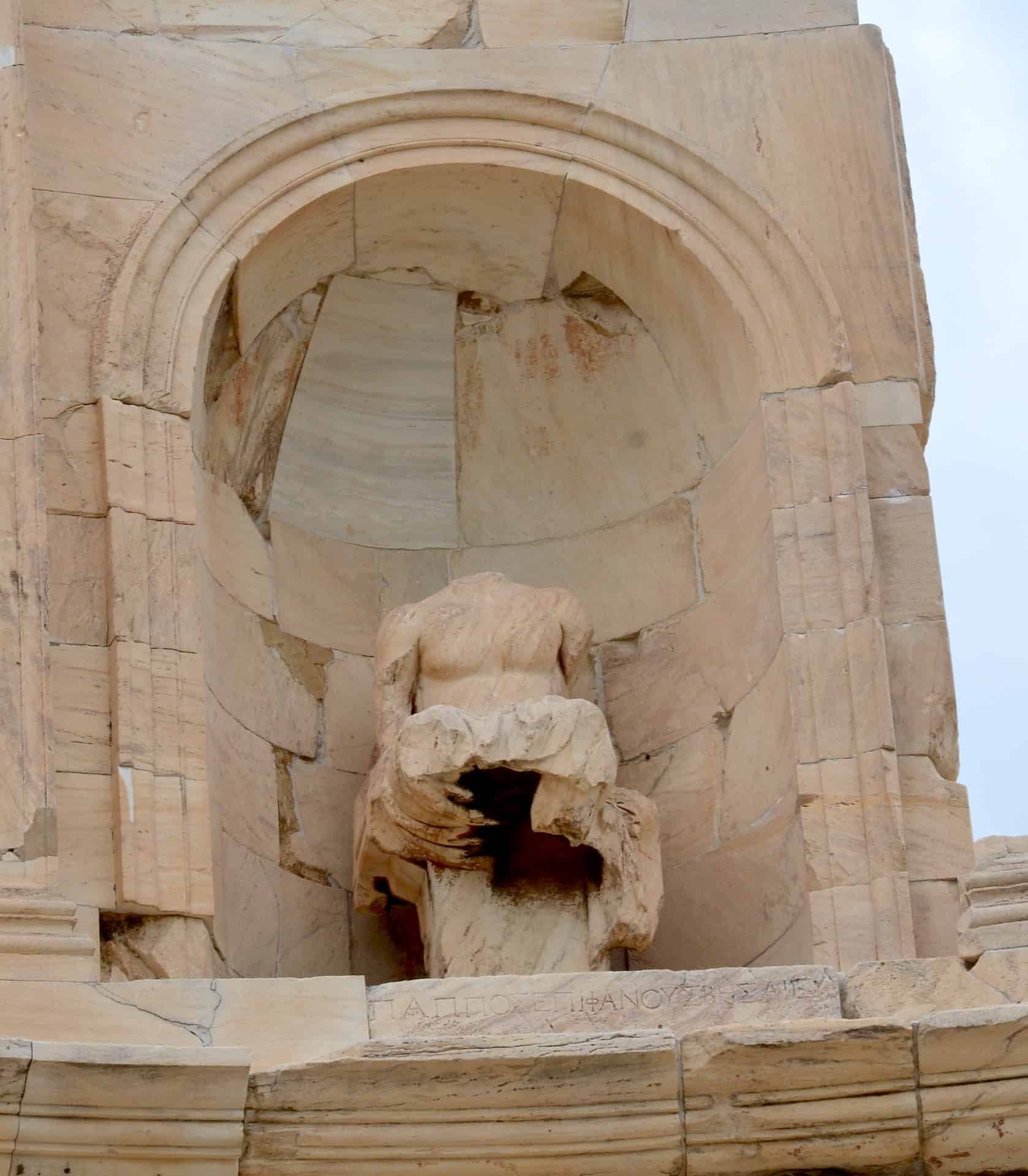 Statue of Philopappos on the Philopappos Monument on the Hill of the Muses (Philopappos Hill) in the Western Hills of Athens, Greece