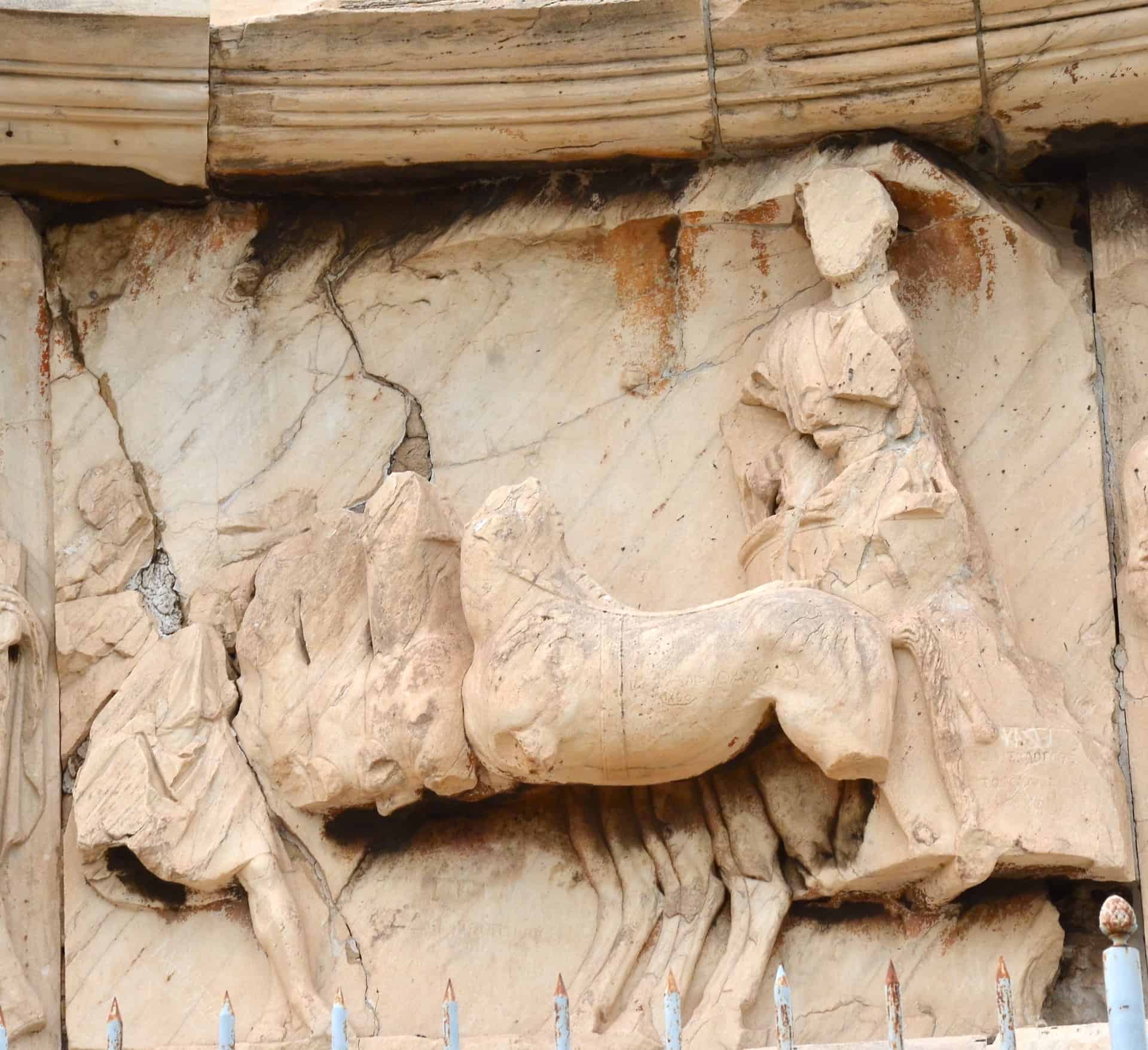 Philopappos riding on a chariot on the Philopappos Monument on the Hill of the Muses (Philopappos Hill) in the Western Hills of Athens, Greece