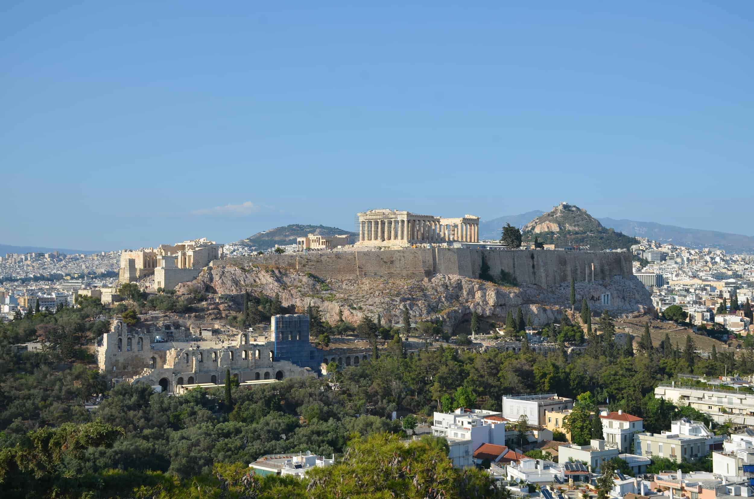 View of the Acropolis from the Hill of the Muses (Philopappos Hill) in Athens, Greece