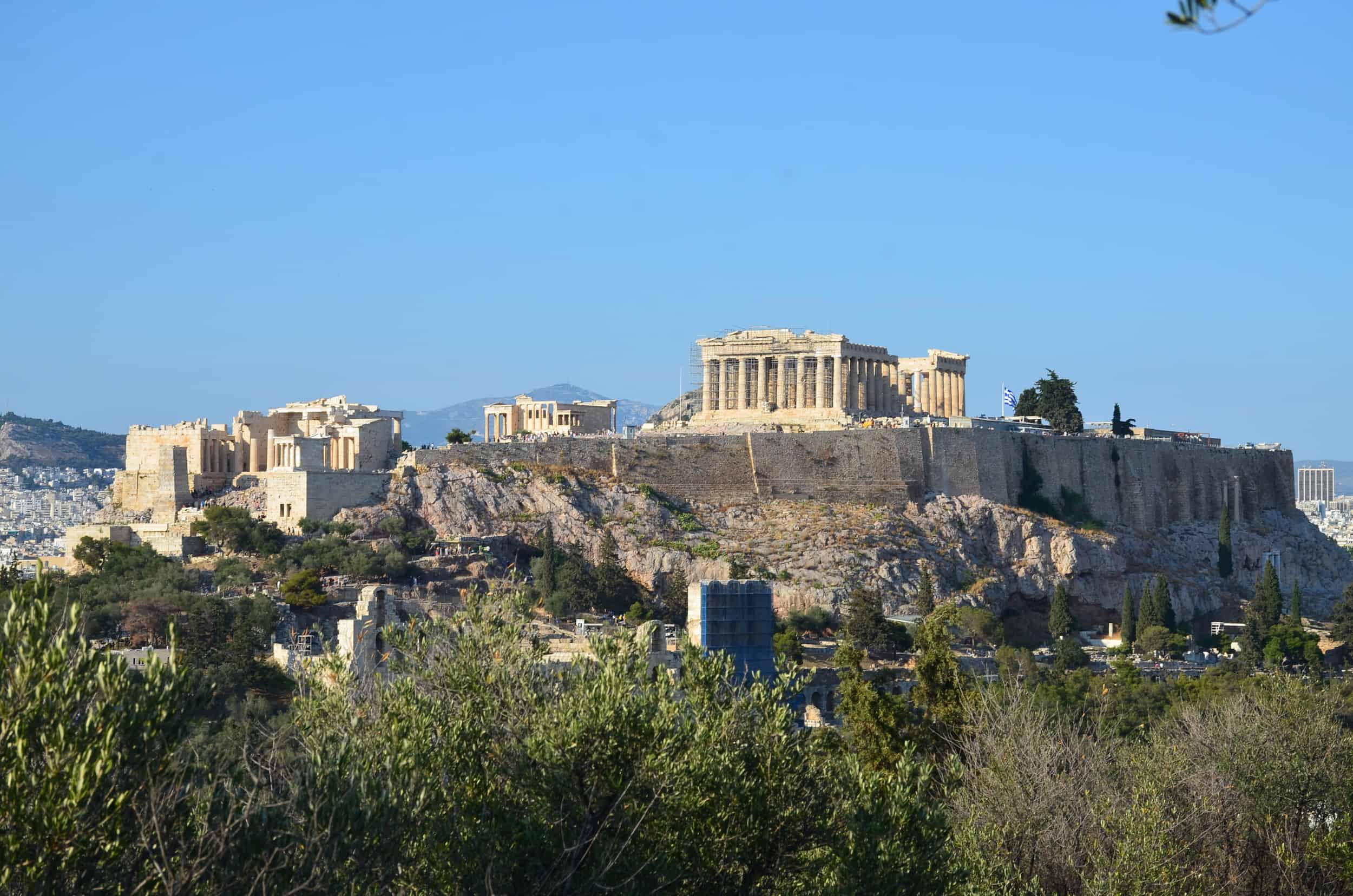 View of the Acropolis from the Anderon on the Hill of the Muses (Philopappos Hill) in Athens, Greece