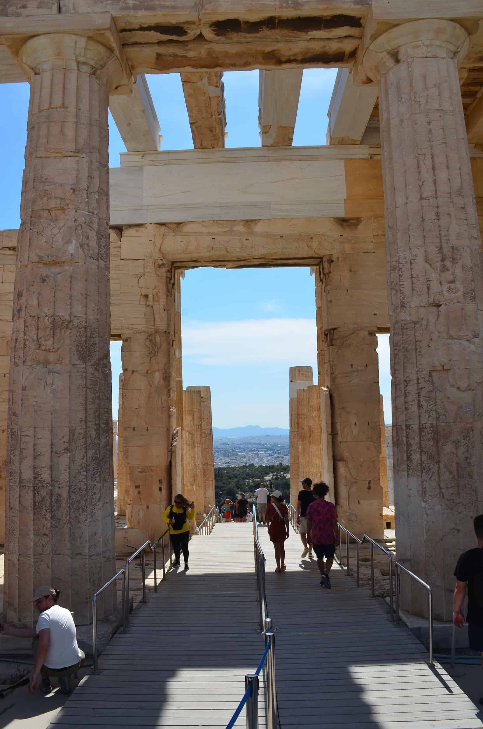 Looking west through the central door of the Propylaia of the Acropolis in Athens, Greece