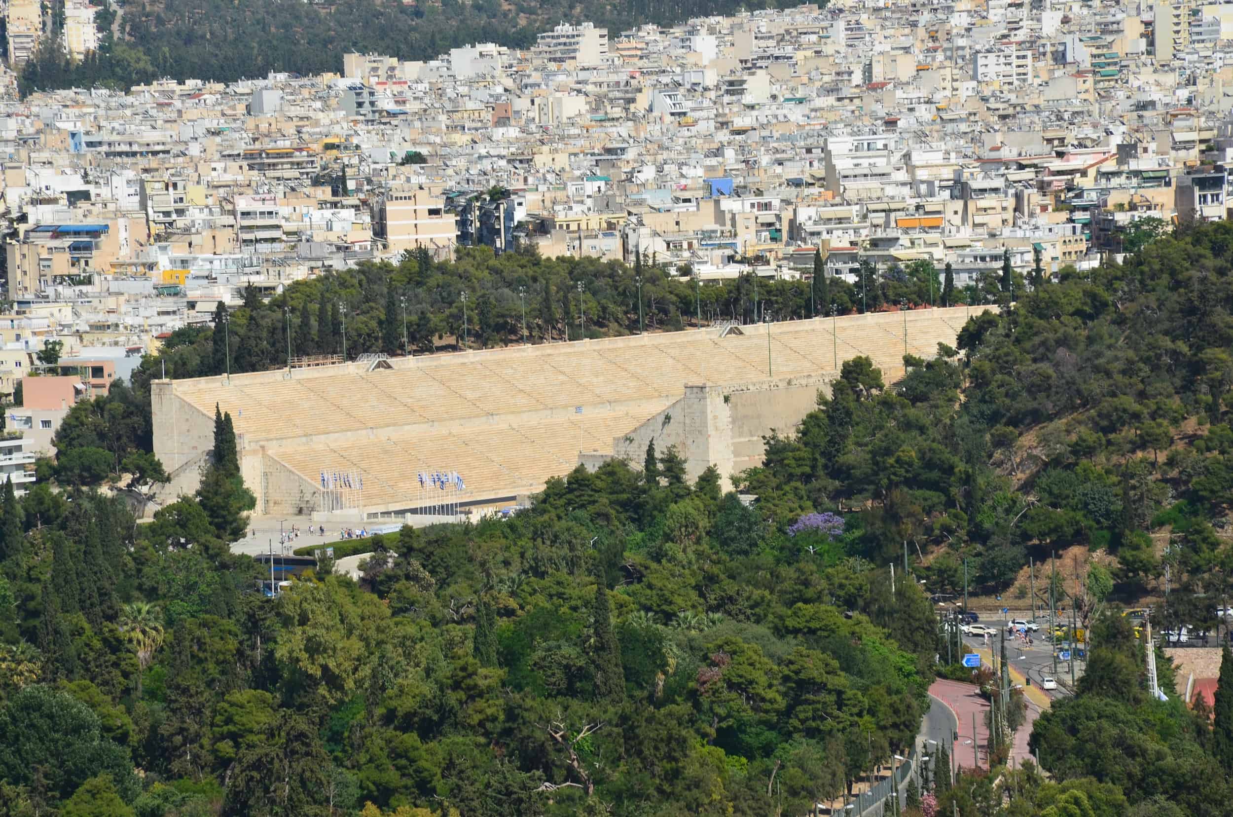 Panathenaic Stadium from the flagpole on the Acropolis in Athens, Greece