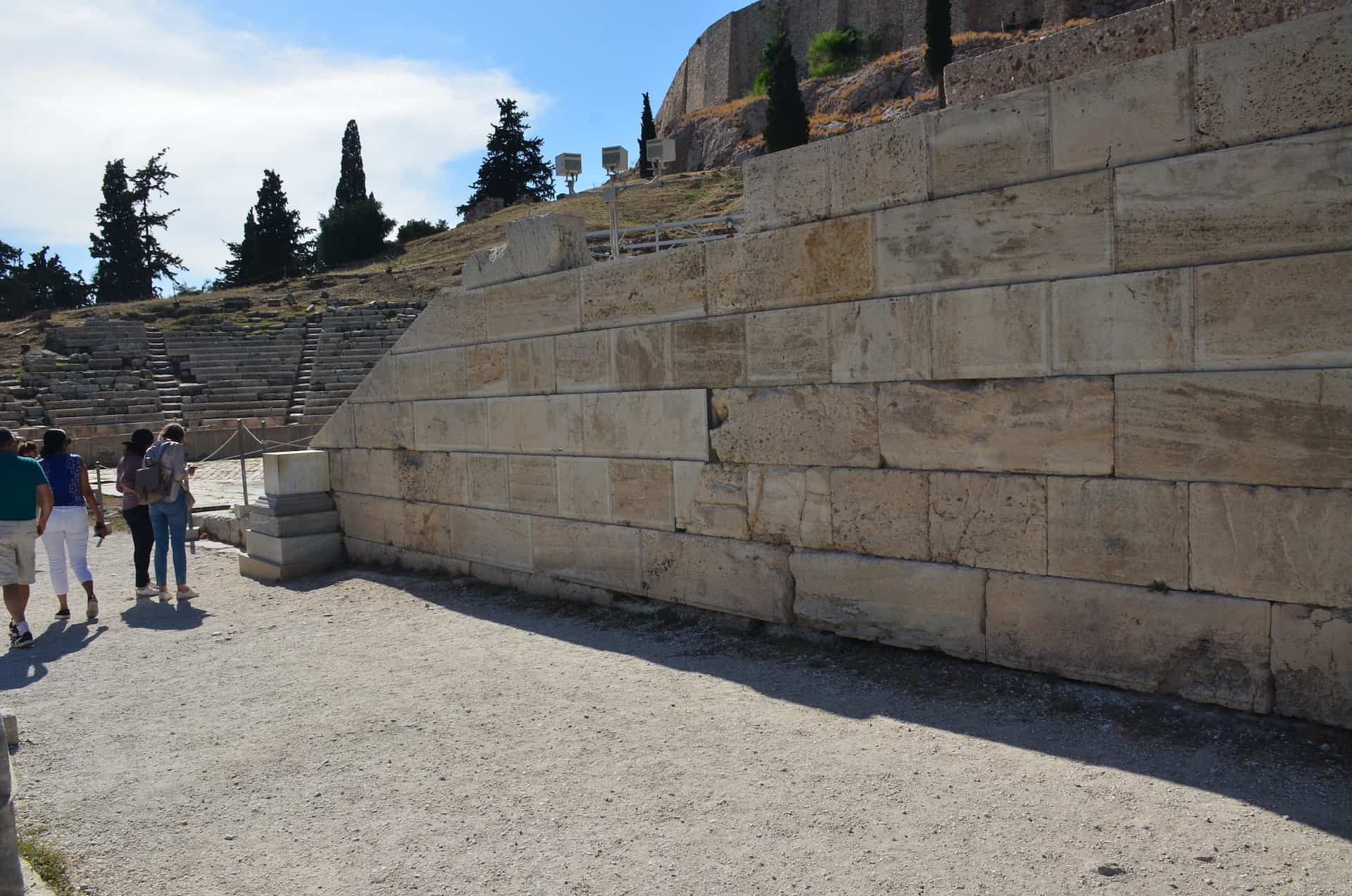 Retaining wall of the east parados of the Theatre of Dionysus on the south slope of the Acropolis in Athens, Greece