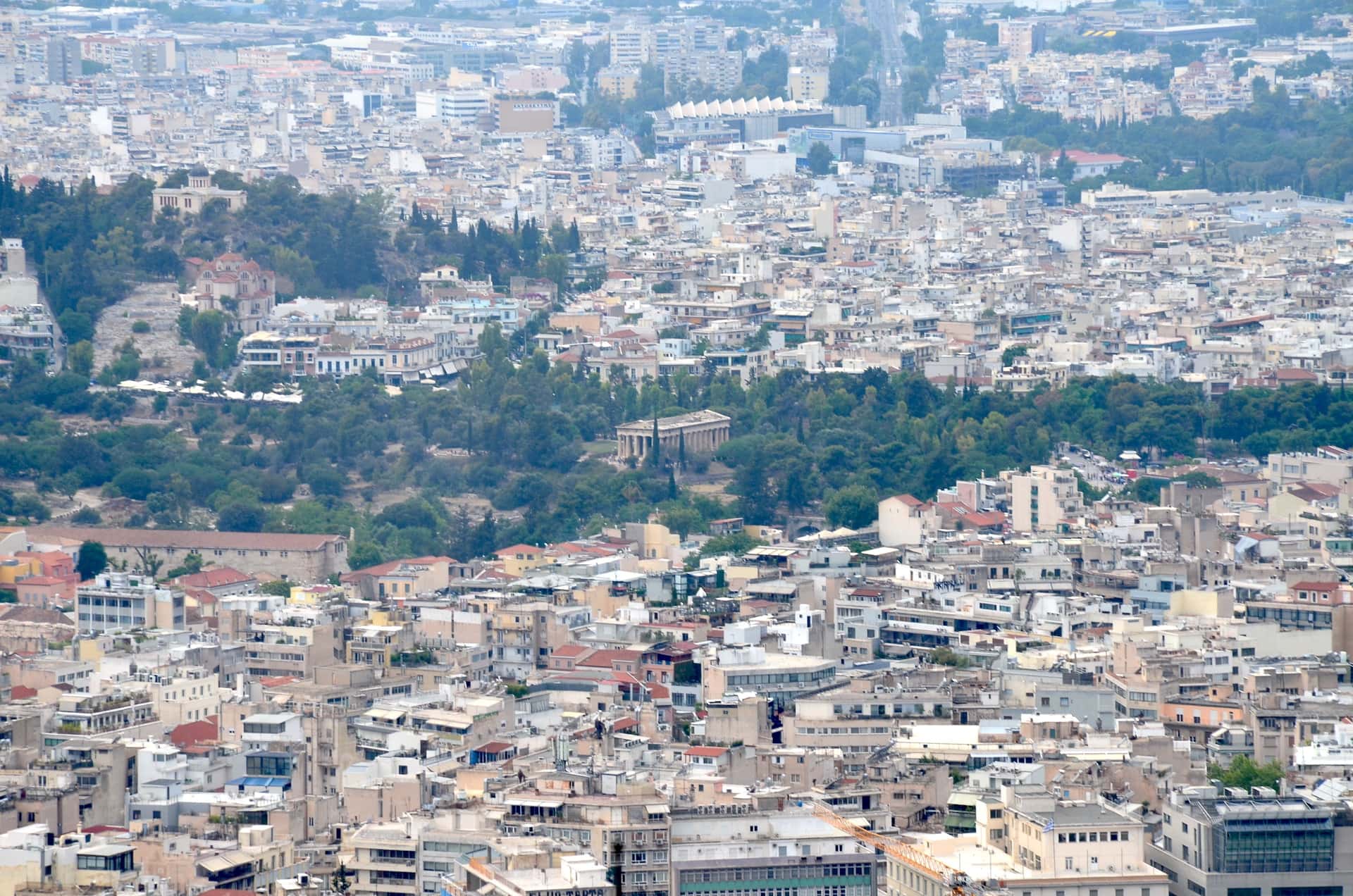 Temple of Hephaestus and the ancient Agora from Lycabettus Hill in Athens, Greece