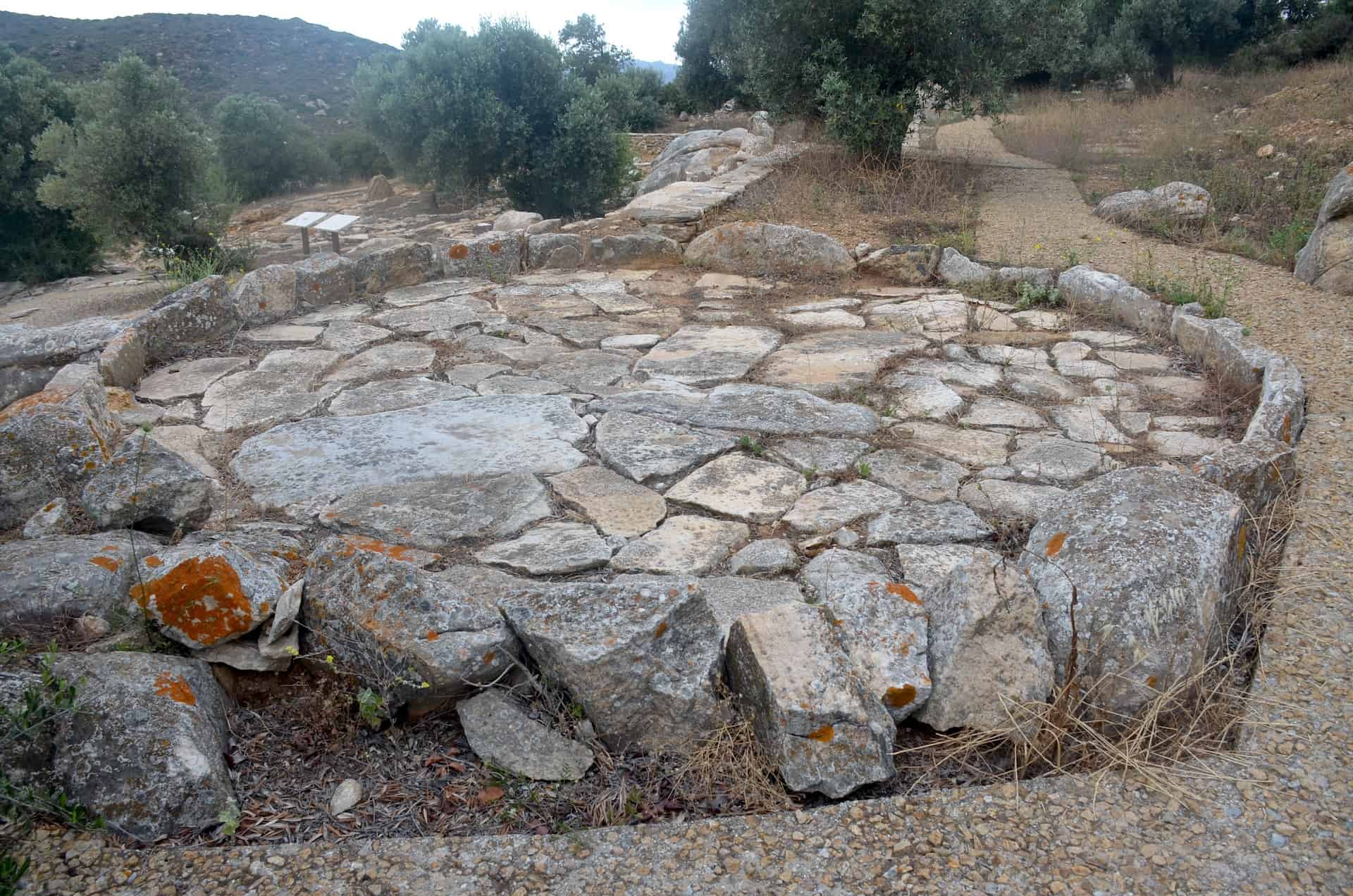 Circular hearth at the Sanctuary of the Springs in Melanes, Naxos, Greece