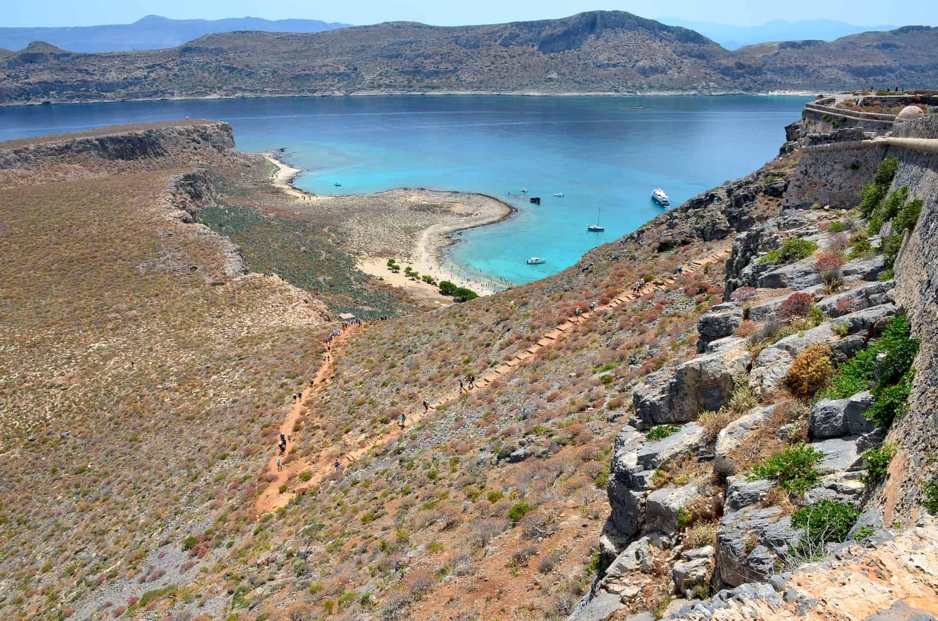 Looking down at the trail from the Venetian fortress on Gramvousa, Crete