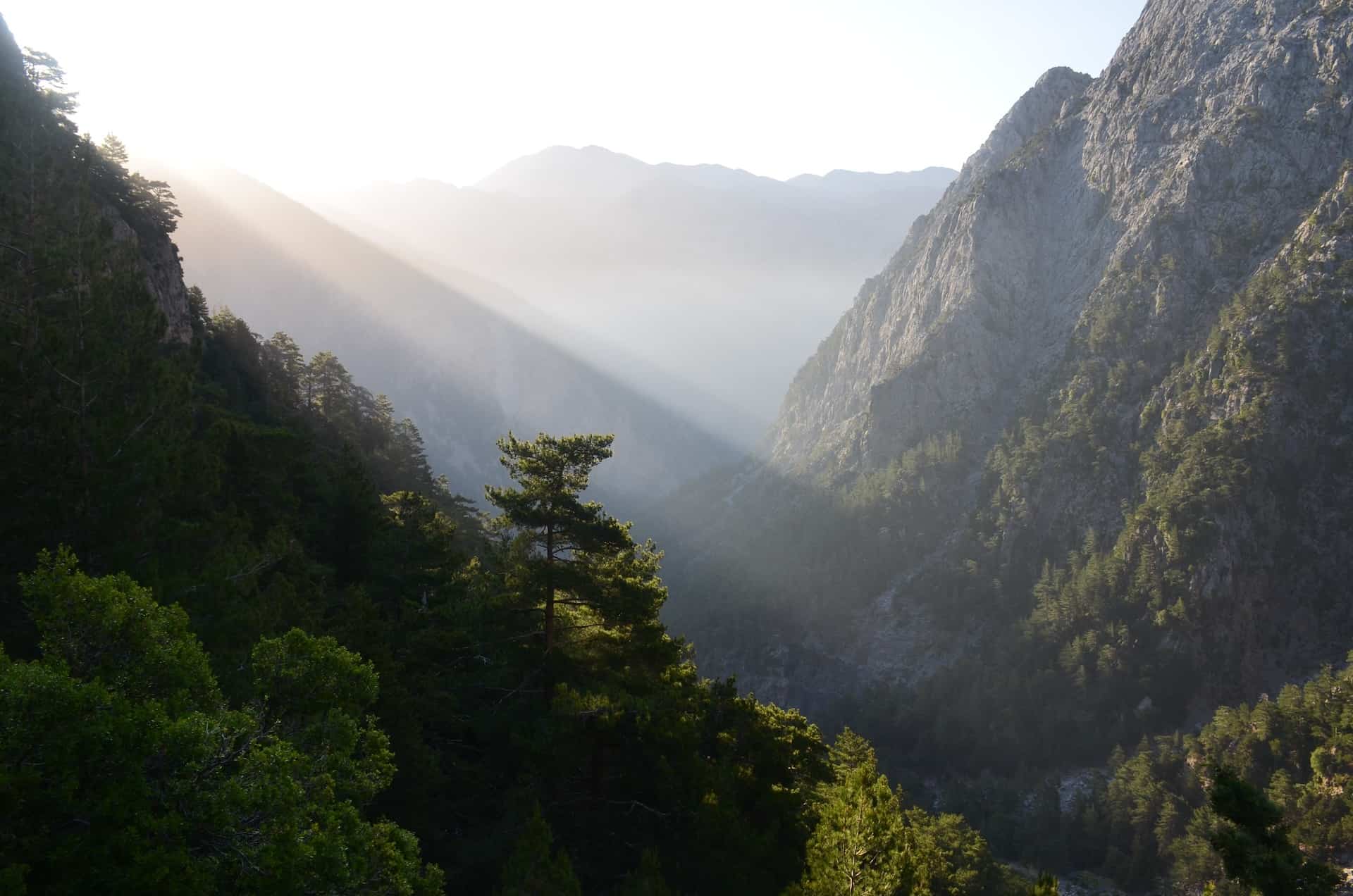 The morning sun hitting the Samaria Gorge in Crete, Greece