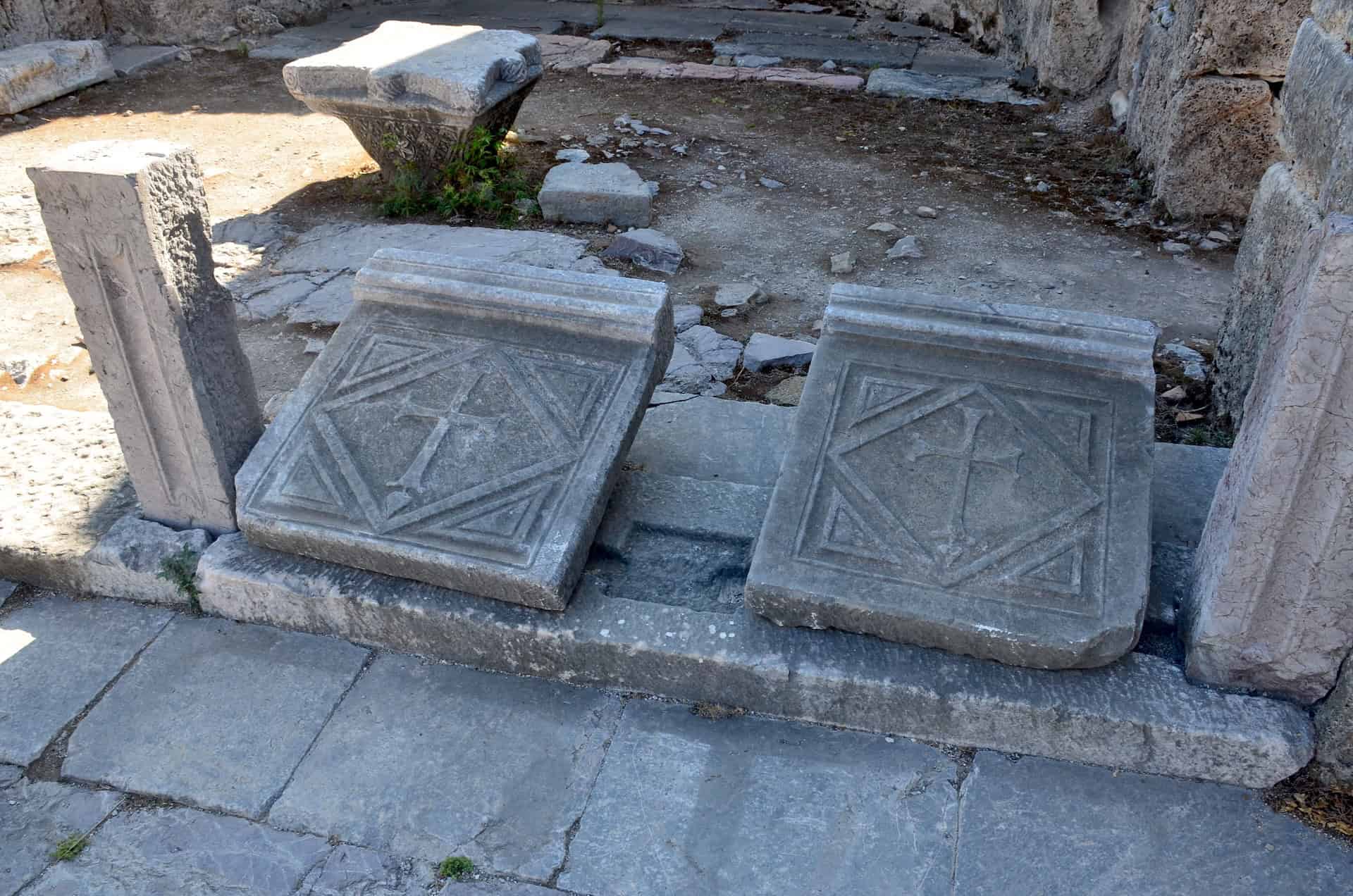 Marble slabs with crosses at the Domed Church at the Palaestra Terrace at Kaunos, Turkey