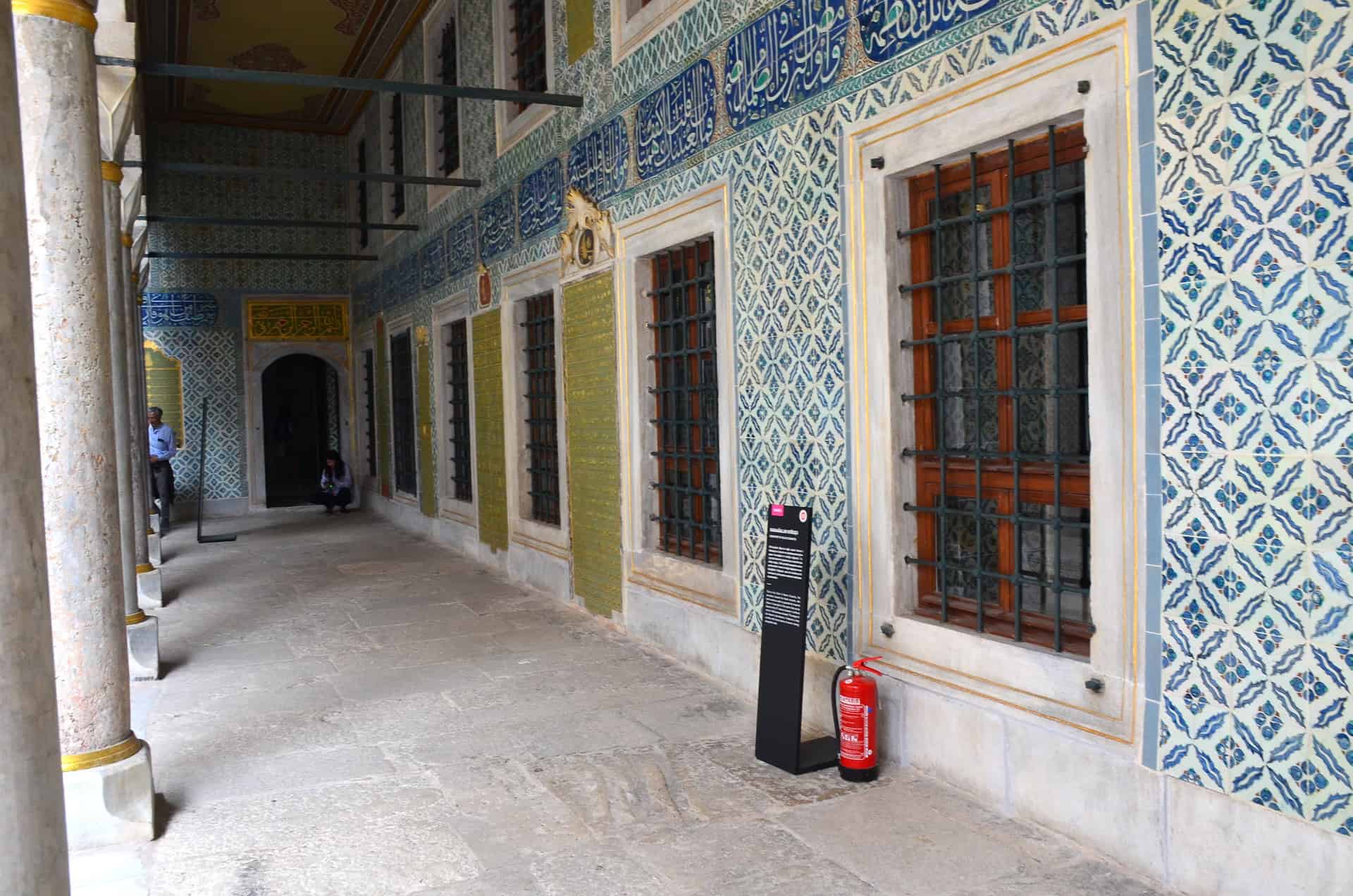 Under the portico of the Dormitory of the Black Eunuchs in the Imperial Harem at Topkapi Palace in Istanbul, Turkey