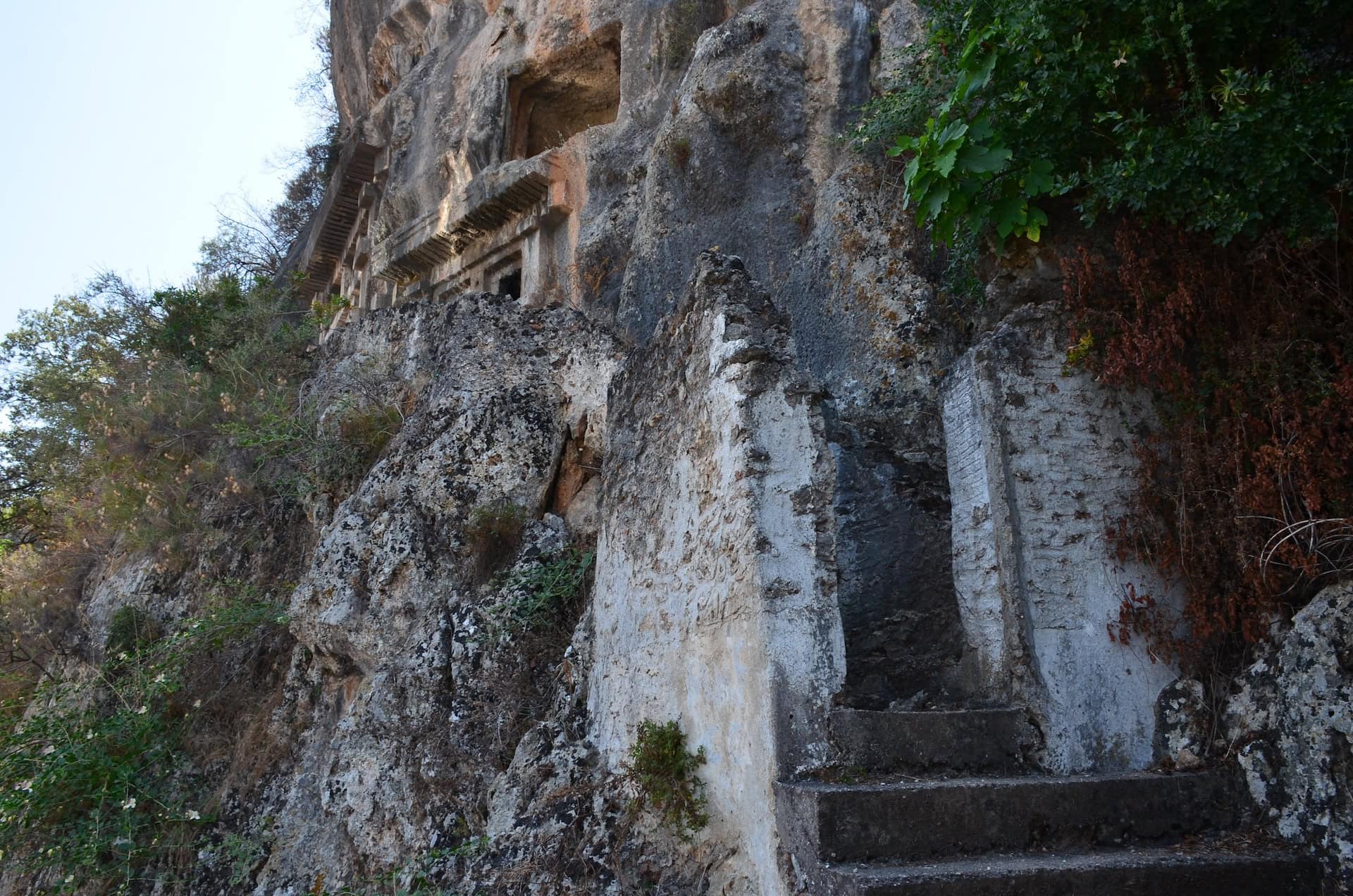Stairs to the upper level tombs at the Amyntas Rock Tombs