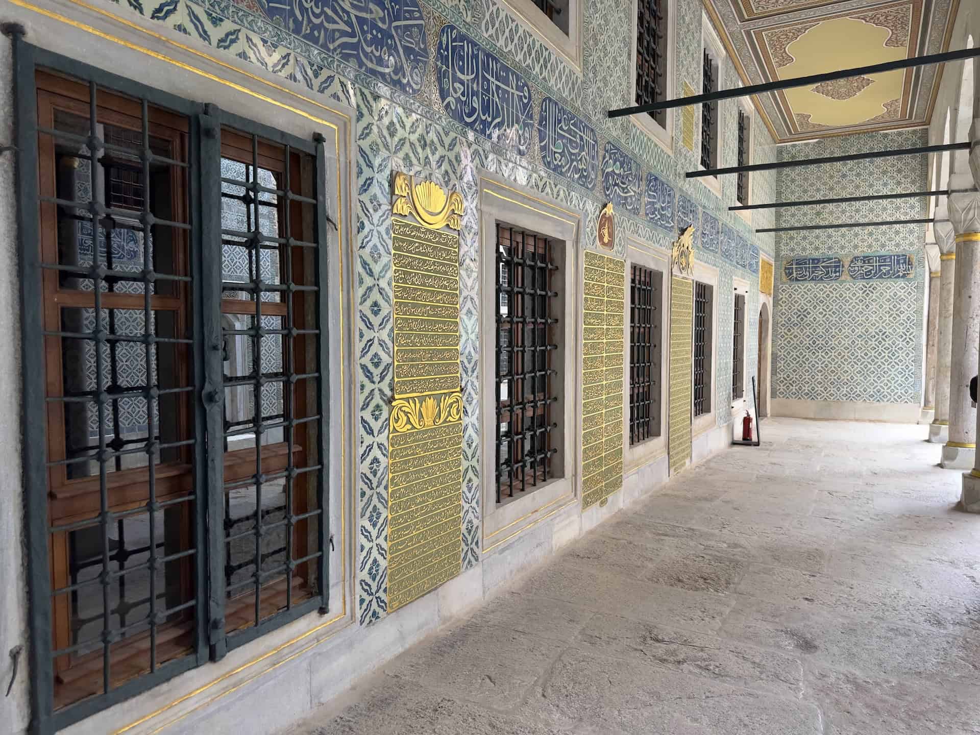 Under the portico of the Dormitory of the Black Eunuchs in the Imperial Harem at Topkapi Palace in Istanbul, Turkey