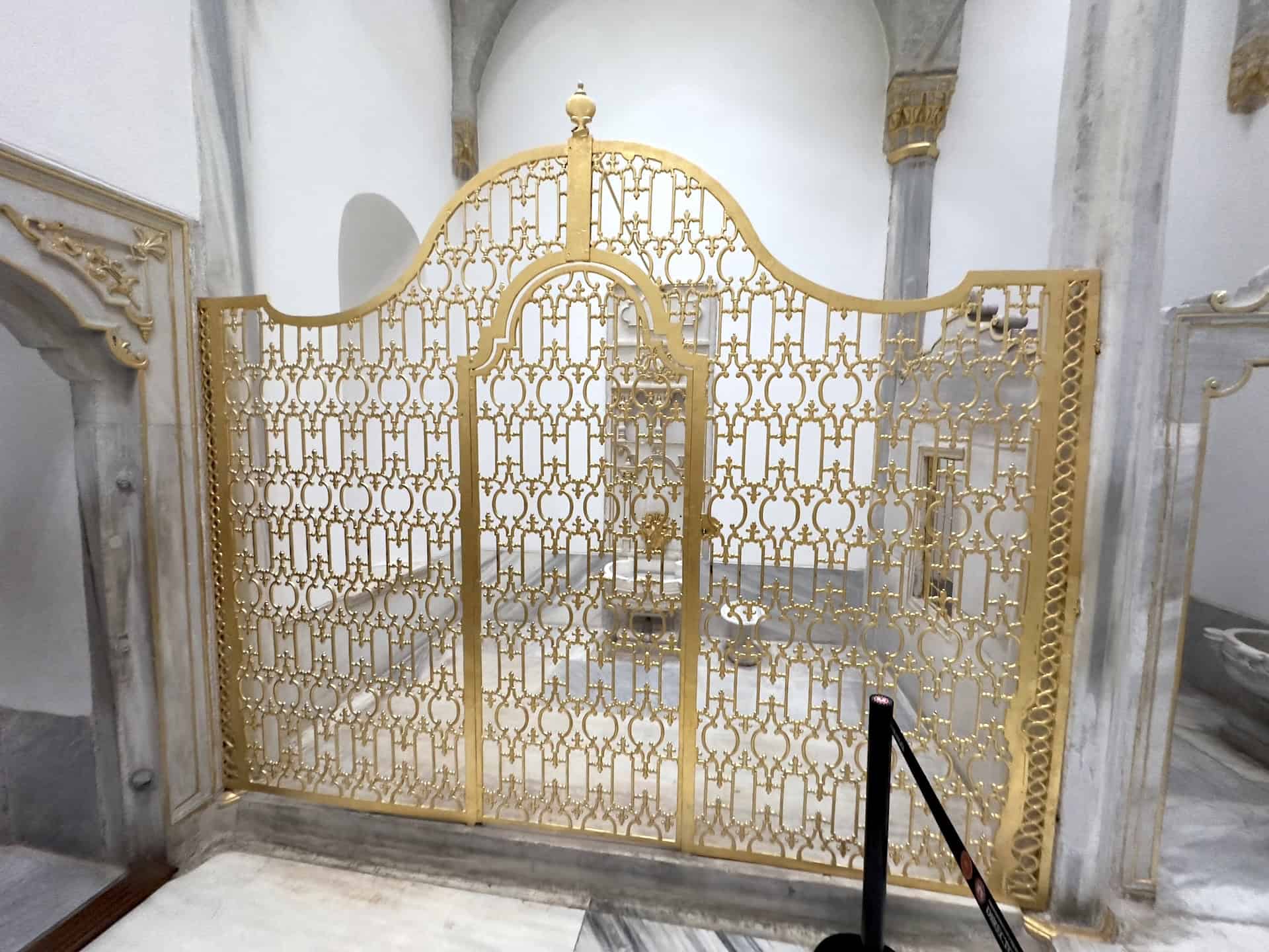 Golden latticework screen in the Baths of the Sultan and Queen Mother in the Imperial Harem at Topkapi Palace in Istanbul, Turkey