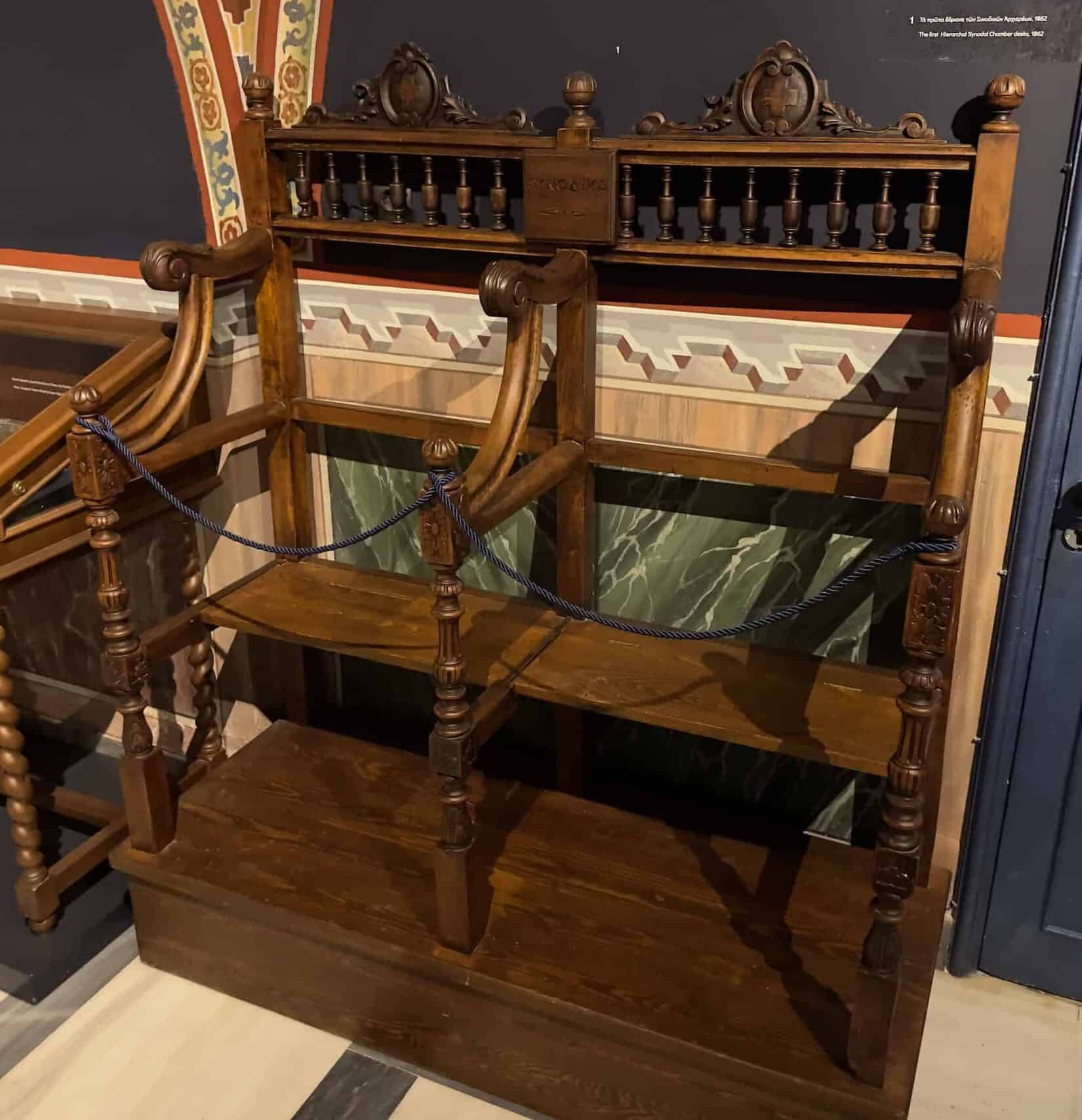 Hierarchical Synod chamber desks at the Metropolitan Cathedral Museum at the Metropolitan Cathedral of Athens, Greece