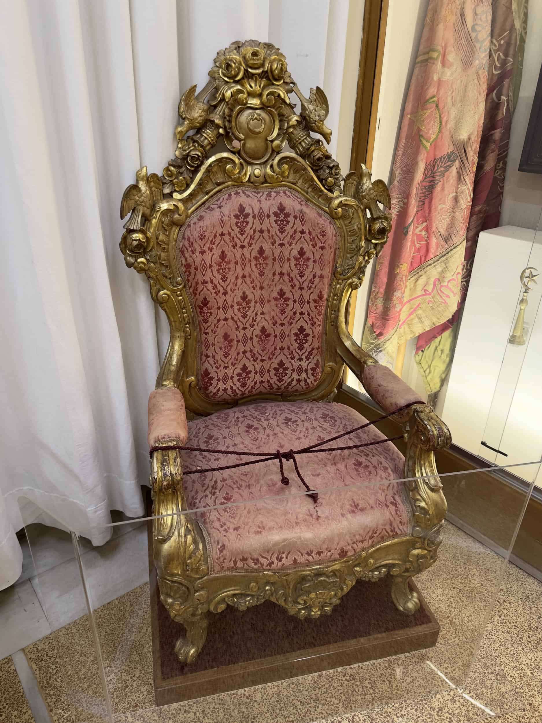 Throne of Sultan Abdülhamid II during his imprisonment at Villa Allatini in Thessaloniki at the National Historical Museum in Athens, Greece