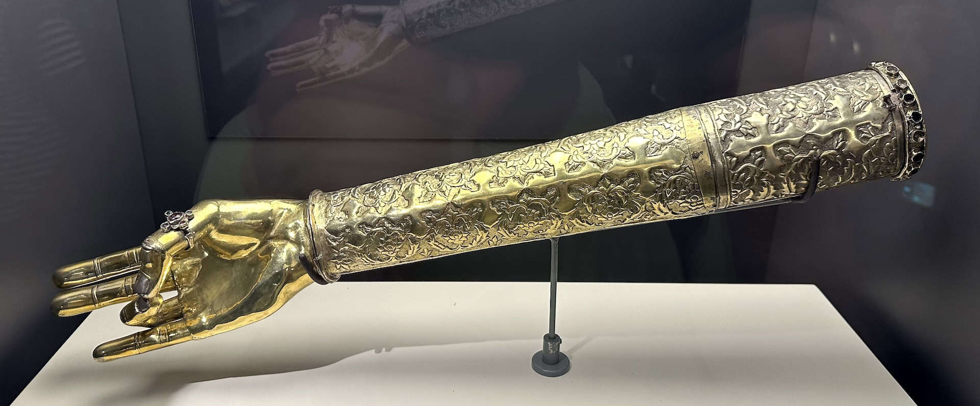 Silver arm-shaped reliquary for Surp Tadeos; Armenian; 17th century at the Hagia Sophia Experience on the Hippodrome of Constantinople in Istanbul, Turkey