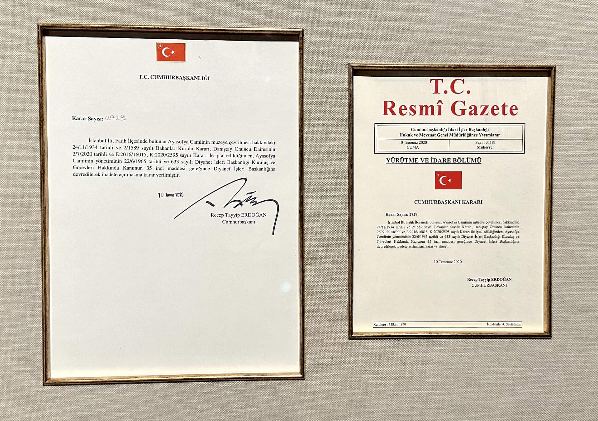 Turkish Presidential Decree #2729 issued on July 10, 2020 at the Hagia Sophia Experience 