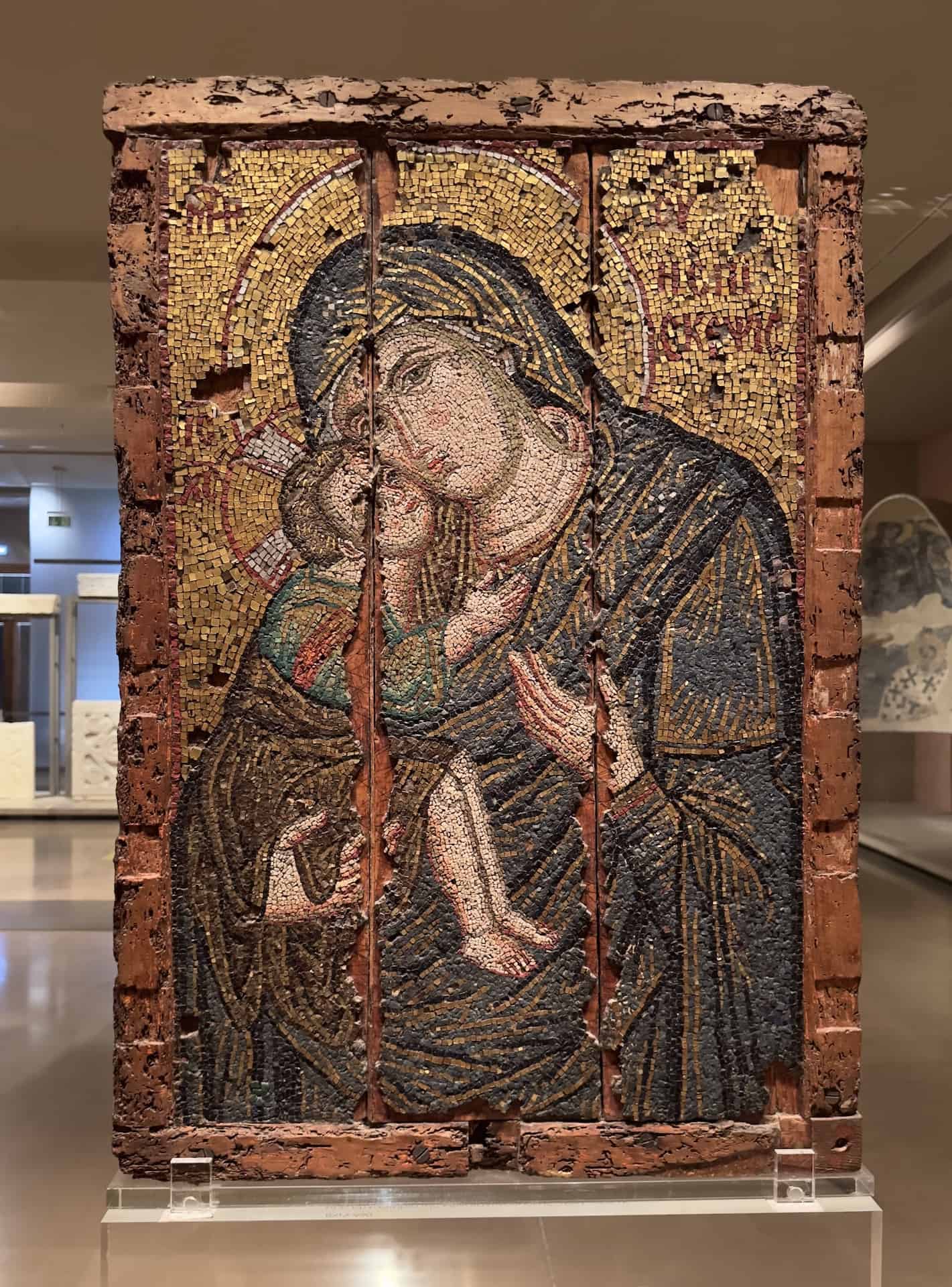 Mosaic icon with the Virgin of Tenderness, from Triglia in Asia Minor, product of a Constantinople workshop, late 13th century at the Byzantine Museum in Athens, Greece
