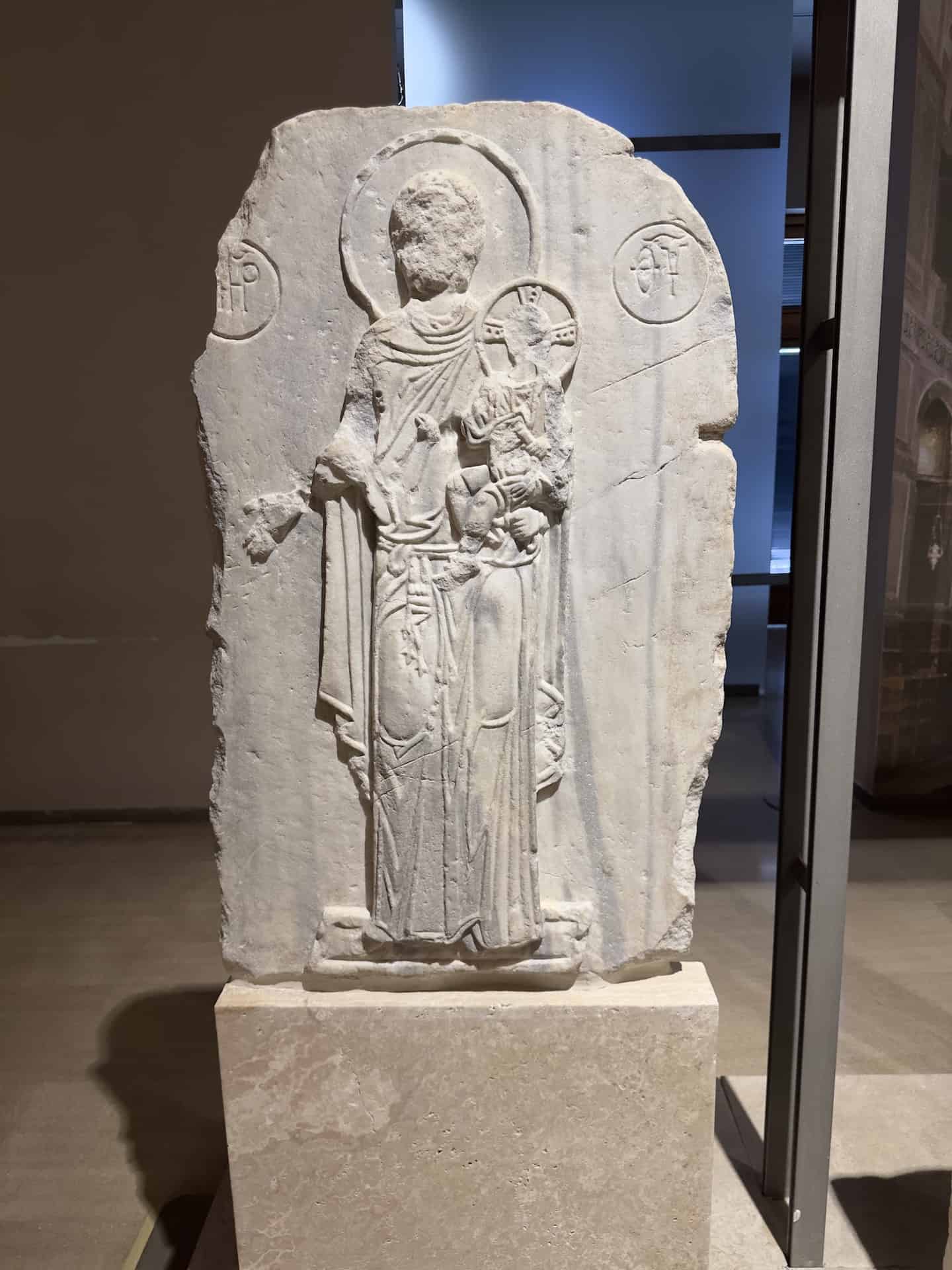 Marble icon with the Virgin and Child, from Thessaloniki, 12th century at the Byzantine Museum in Athens, Greece