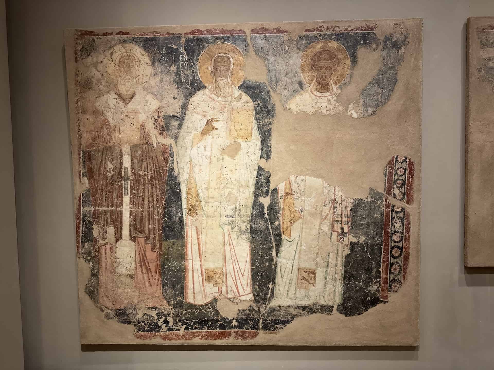 Sanctuary wall painting with Saints Ignatius Theophorus, Gregory of Nazianzus, and John Chrysostom; Oropos, Attica, Church of Saint George; 1240-1250 at the Byzantine Museum in Athens, Greece