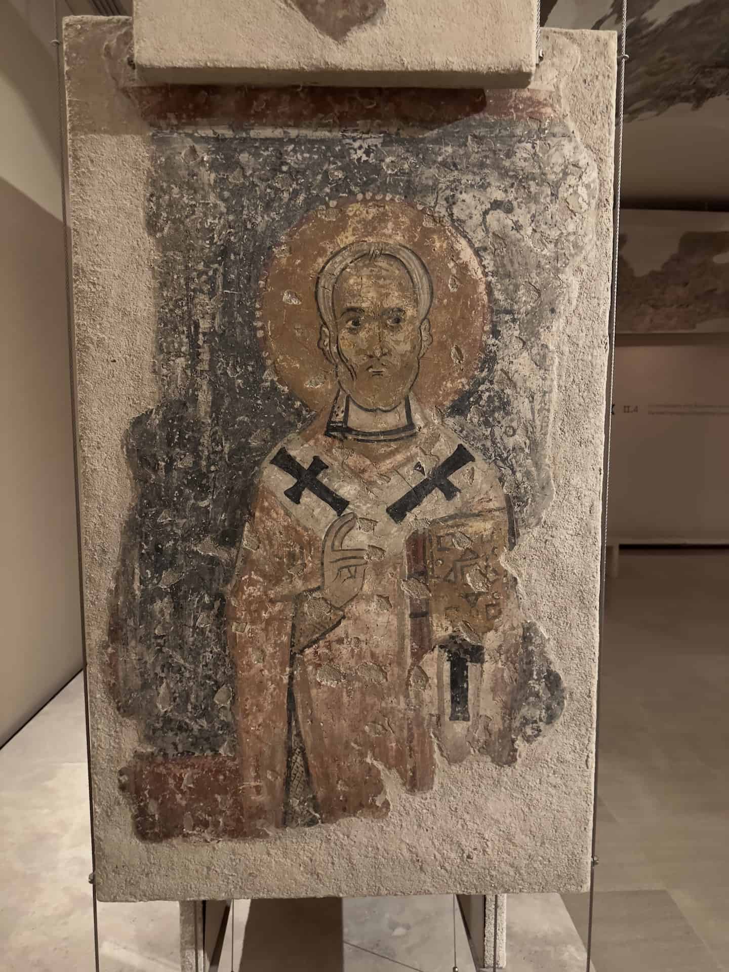 Wall painting with Saint Nicholas, north side of southwest plaster (second layer), 11th century at the Byzantine Museum in Athens, Greece