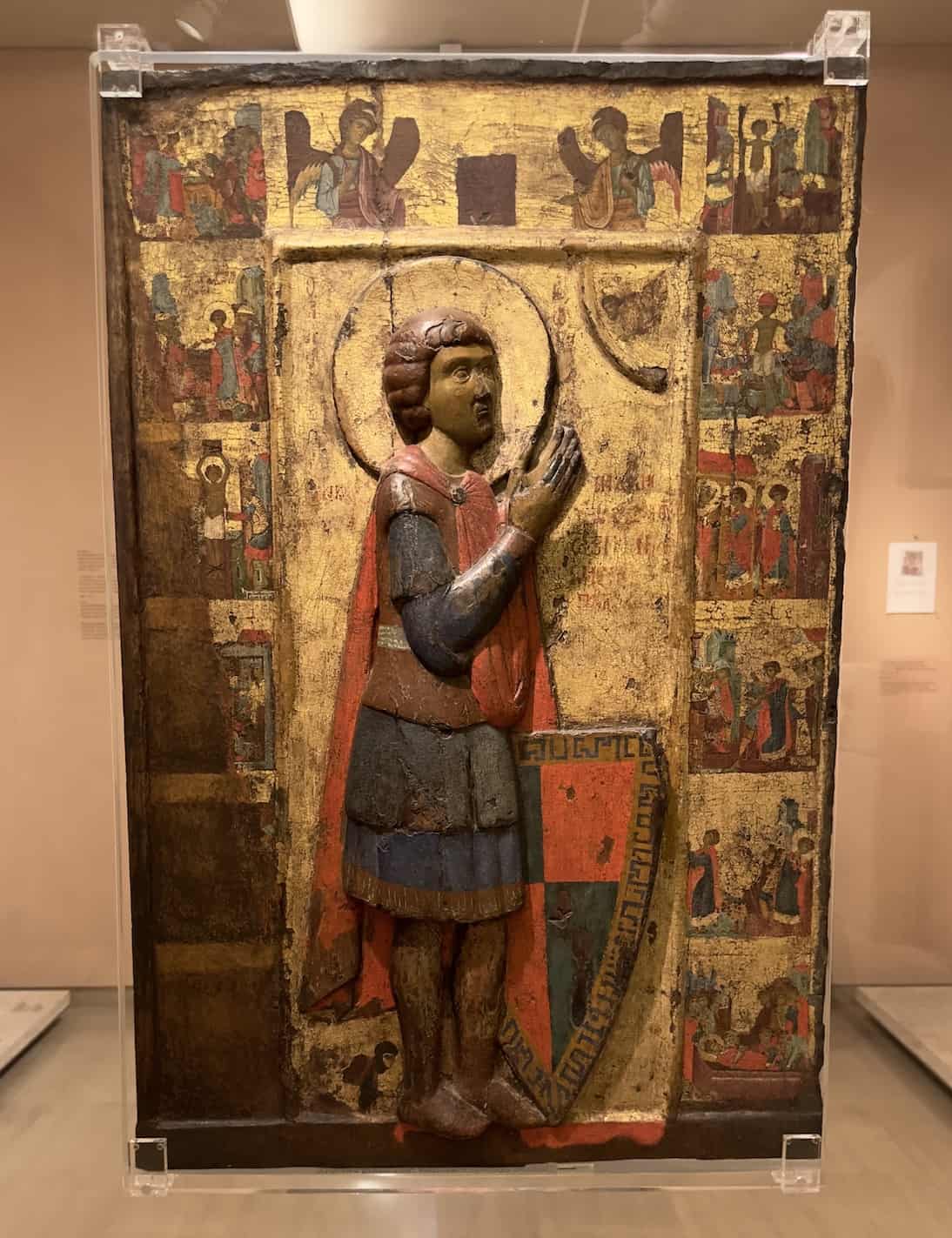 Front of a double-sided icon with Saint George (front) and Saints Marina and Irene (?) (back), from Kastoria, 13th century at the Byzantine Museum in Athens, Greece