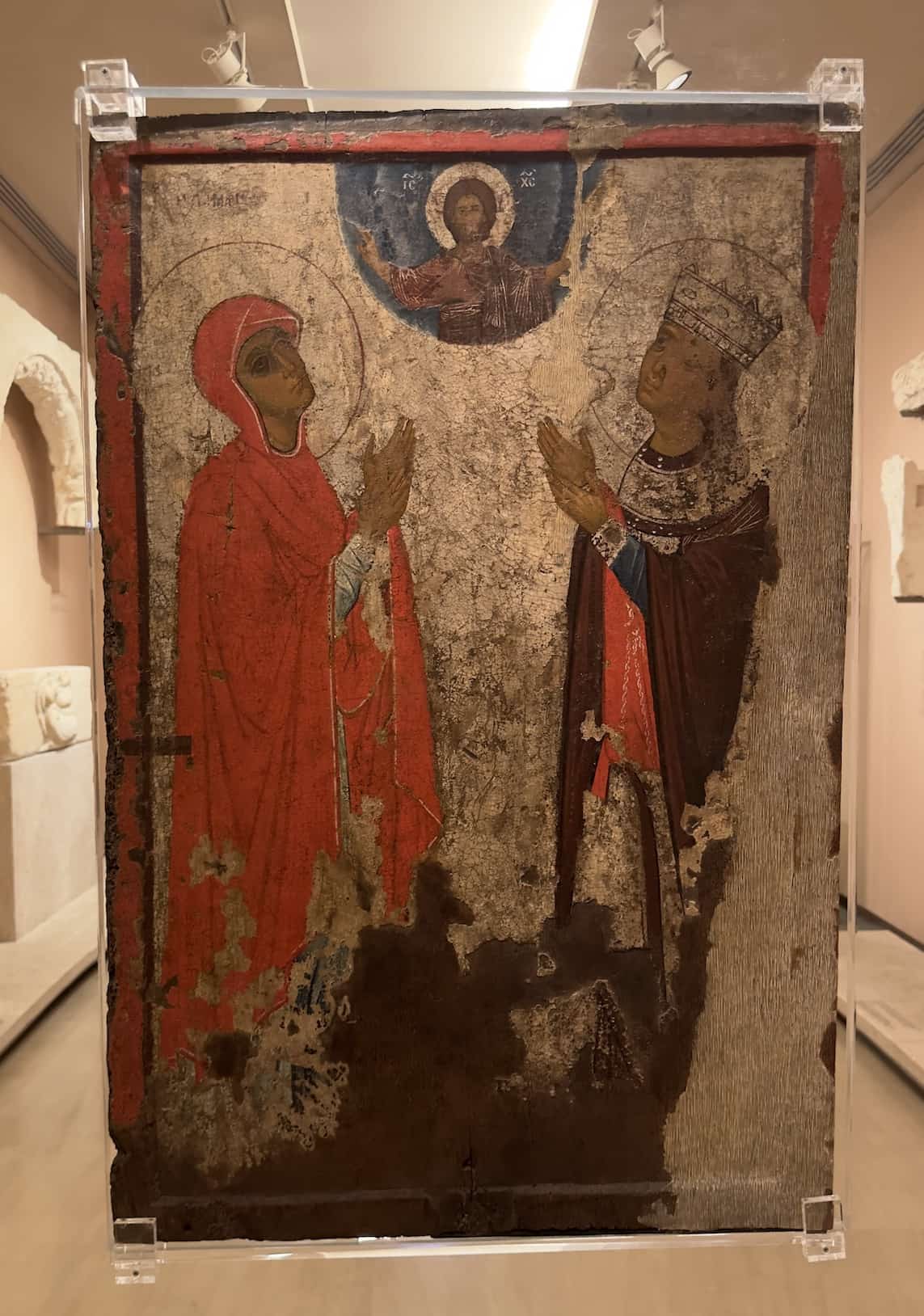 Back of a double-sided icon with Saint George (front) and Saints Marina and Irene (?) (back), from Kastoria, 13th century at the Byzantine Museum in Athens, Greece