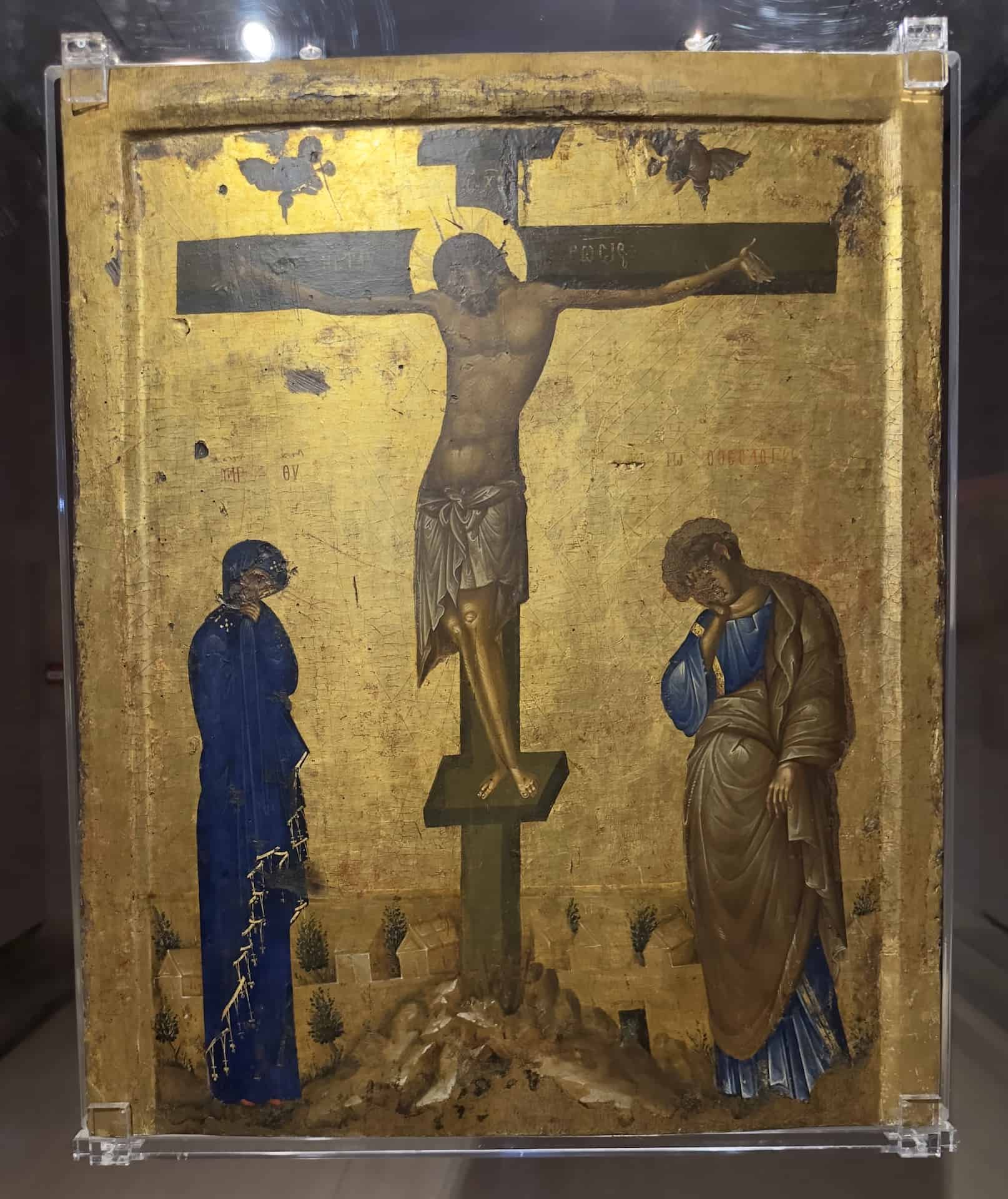Back of a double-sided icon with the Virgin Hodegetria (front) and the Crucifixion (back), product of a Constantinople icon-painting workshop, from Thessaloniki (Church of Saint Nicholas), 14th century at the Byzantine Museum in Athens, Greece