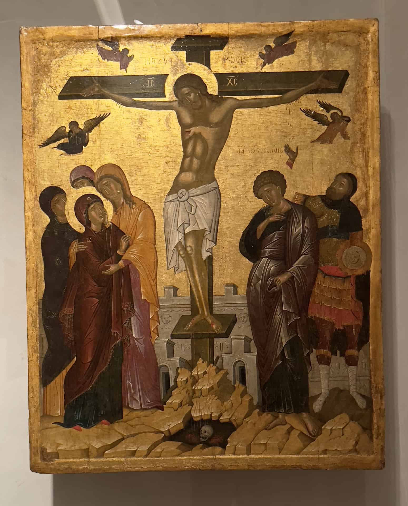 Icon with the Crucifixion, attributed to the painter Emmanuel Lambardos, late 16th century at the Byzantine Museum in Athens, Greece