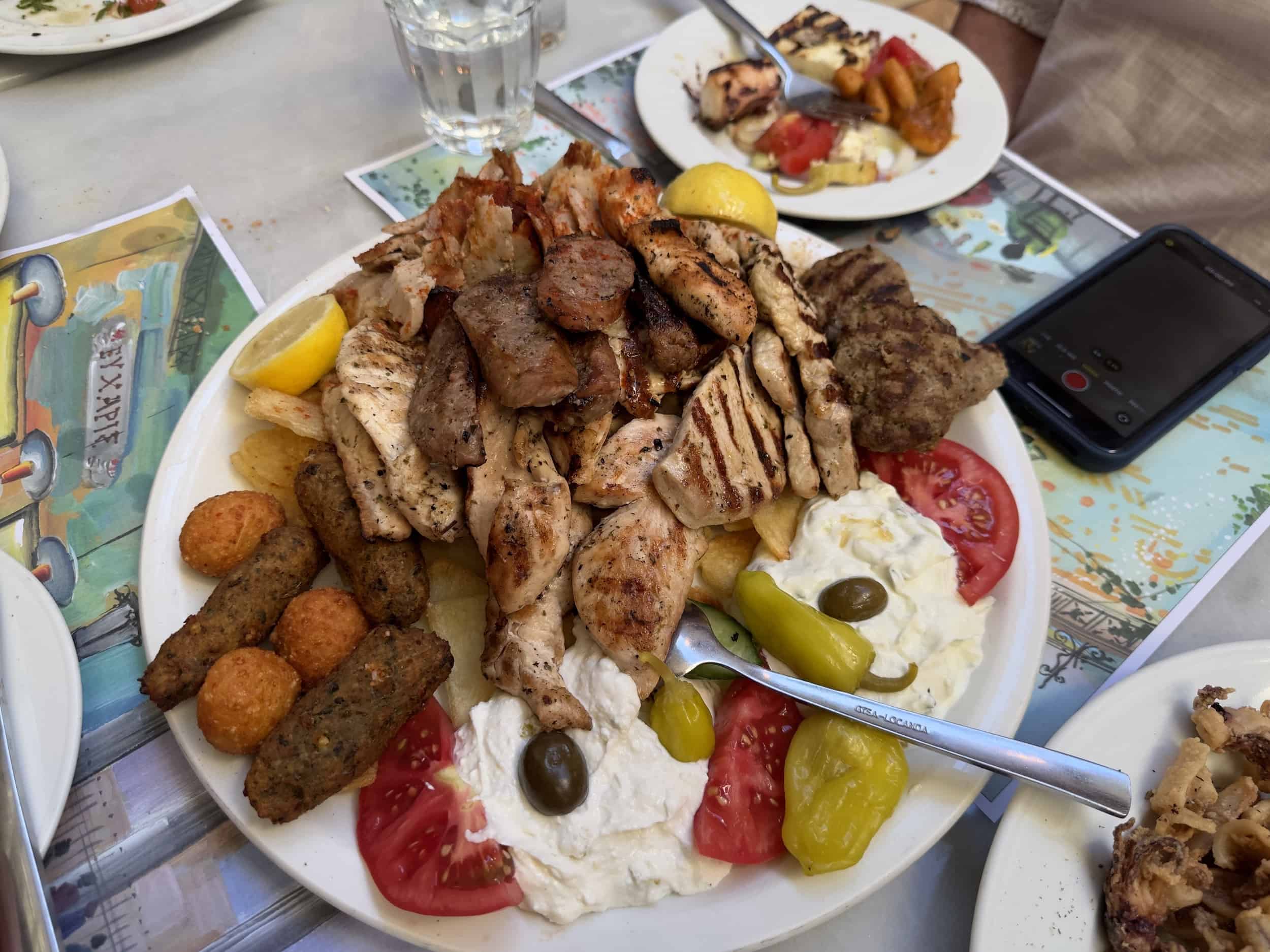 Meat platter at Efcharis in Monastiraki, Athens, Greece