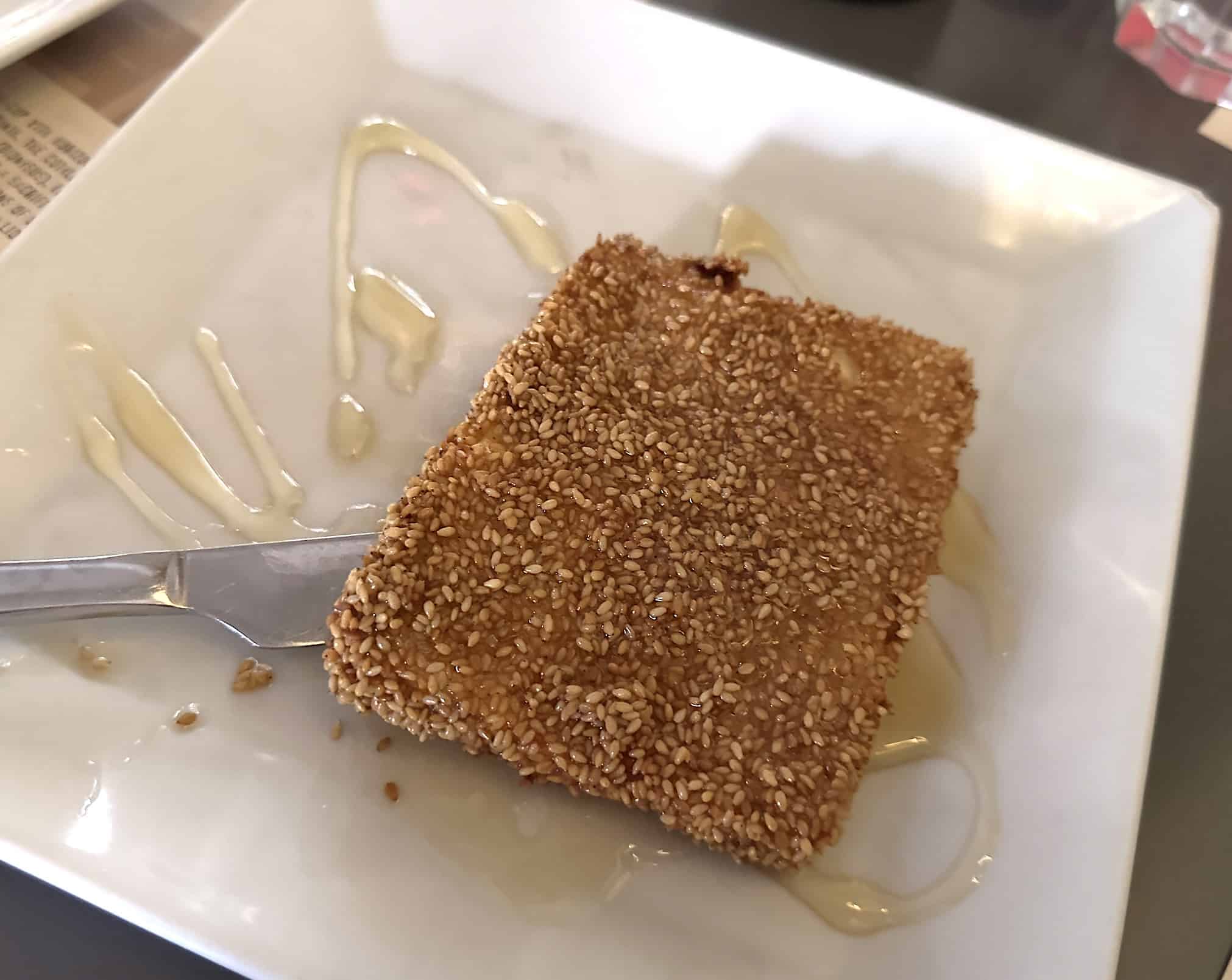 Sesame encrusted feta topped with honey at Kotili in Monastiraki, Athens, Greece