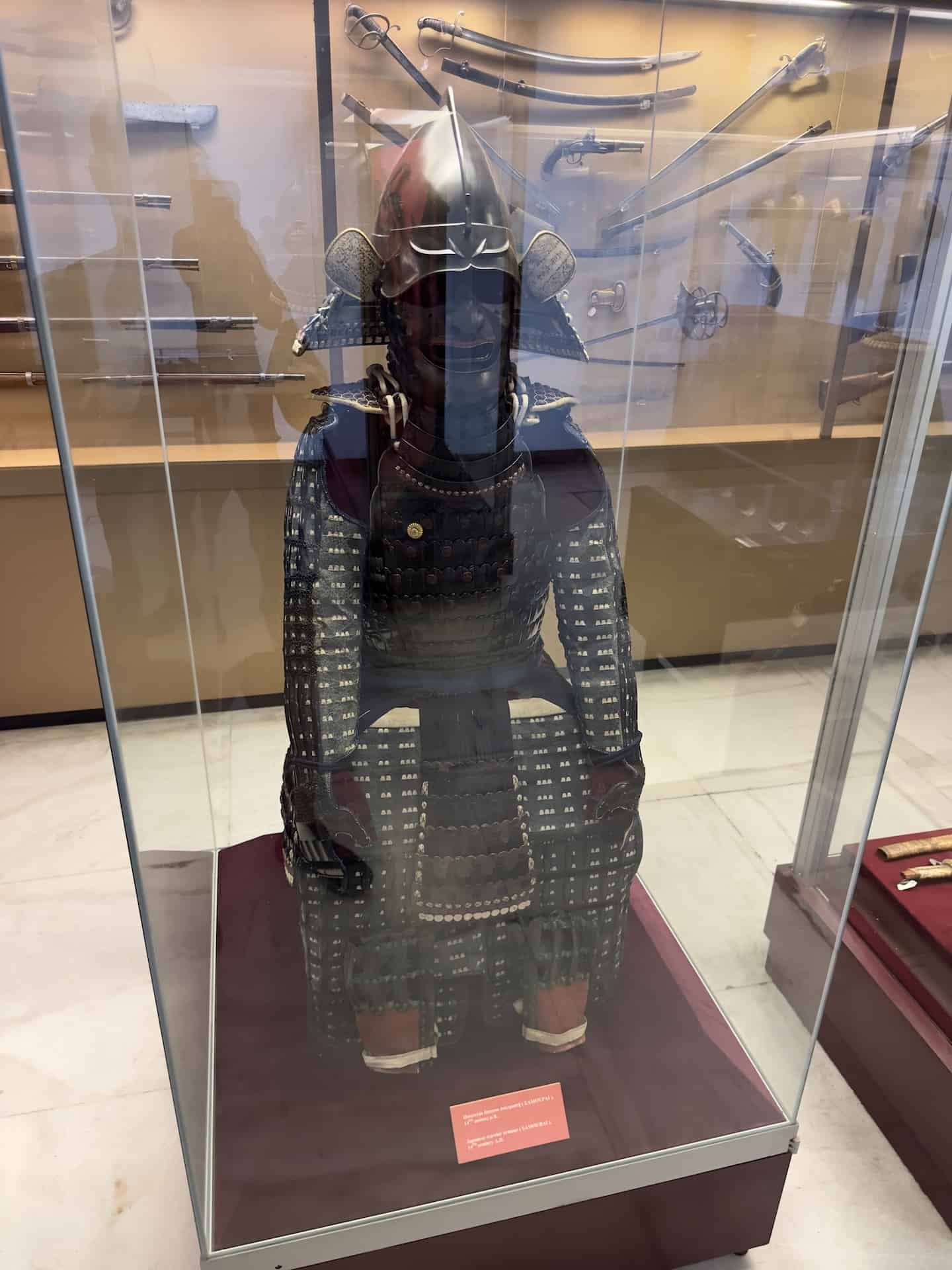 Japanese samurai warrior armor, 14th century in the weapons gallery at the War Museum in Athens, Greece