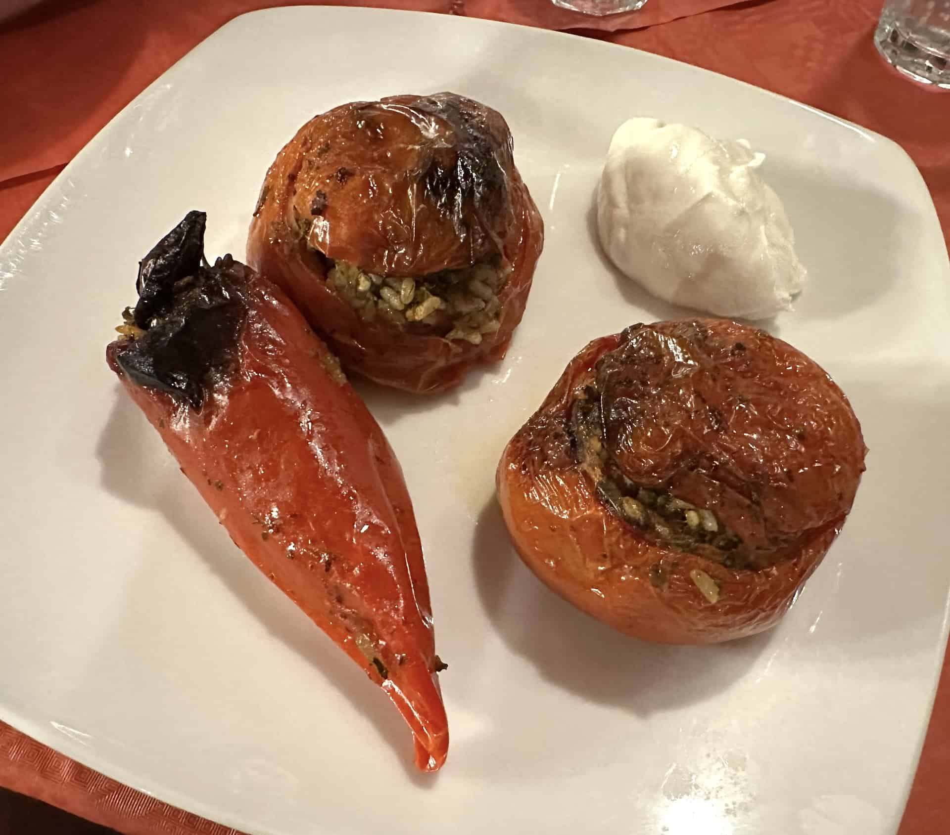 Stuffed tomatoes and peppers at Hotel Calypso at Agia Roumeli, Crete, Greece