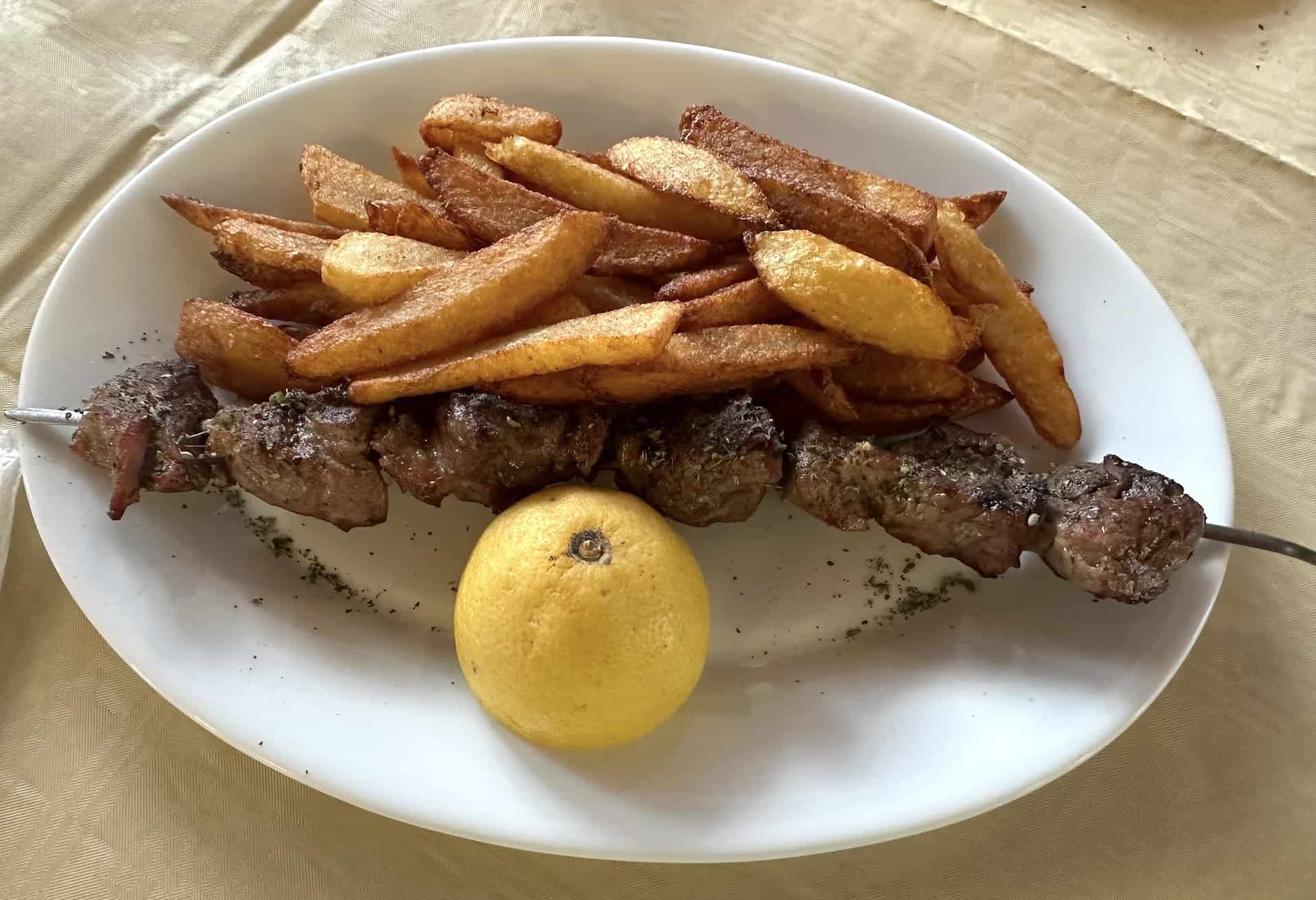 Souvlaki at Hotel Calypso at Agia Roumeli, Crete, Greece