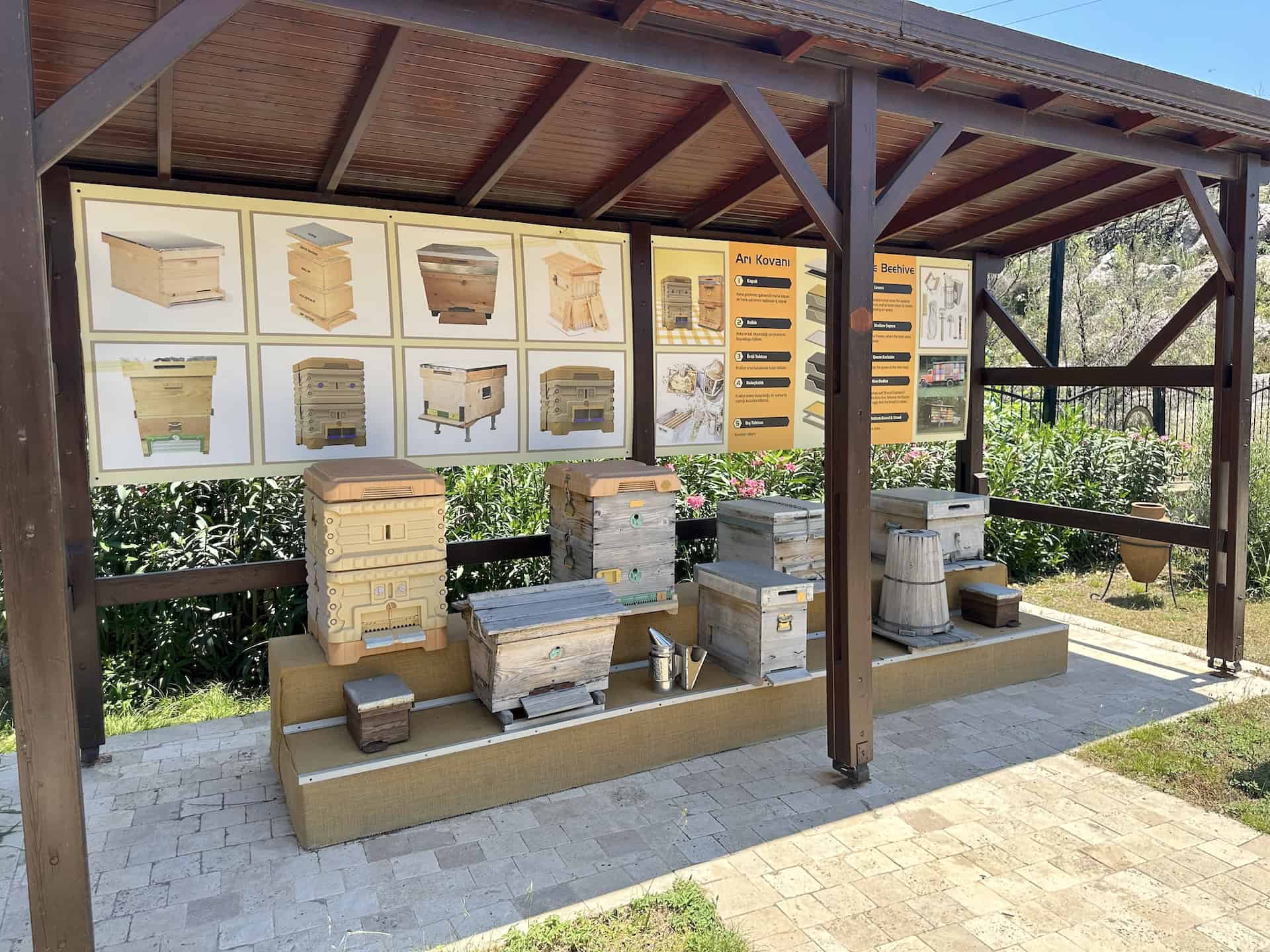 Modern beehives from different regions of Turkey at the Marmaris Honey House on the Bozburun Peninsula, Turkey
